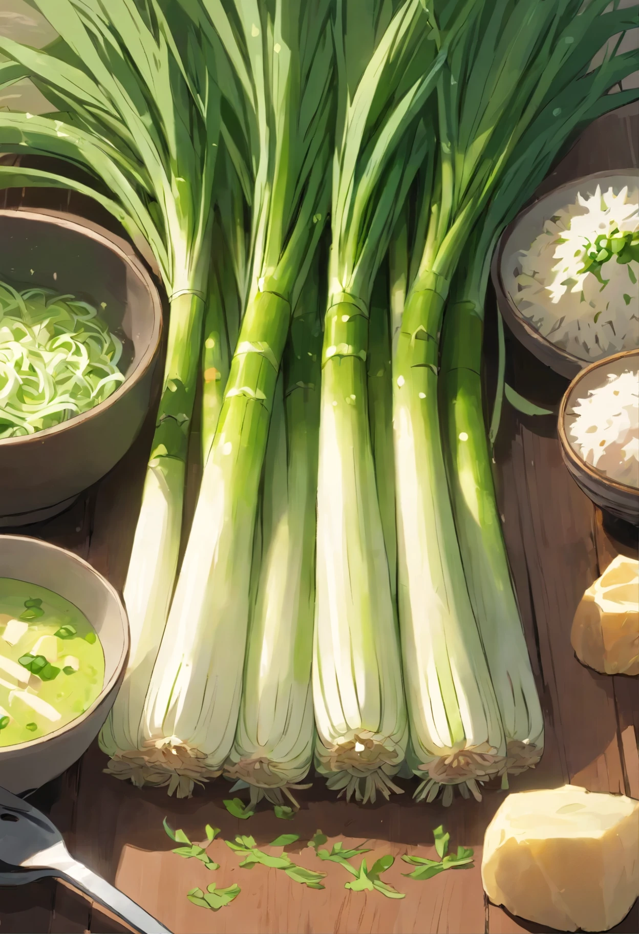 beautifully arranged Leek on a table,delicate stems with tender tips,crisp and fresh,artistic presentation,naturally vibrant colors,(best quality,4k,8k,highres,masterpiece:1.2),ultra-detailed,realistic:1.37,close-up details,textured green shoots,studio lighting,subtle shadows,aesthetic appeal,culinary inspiration,wholesome and healthy,