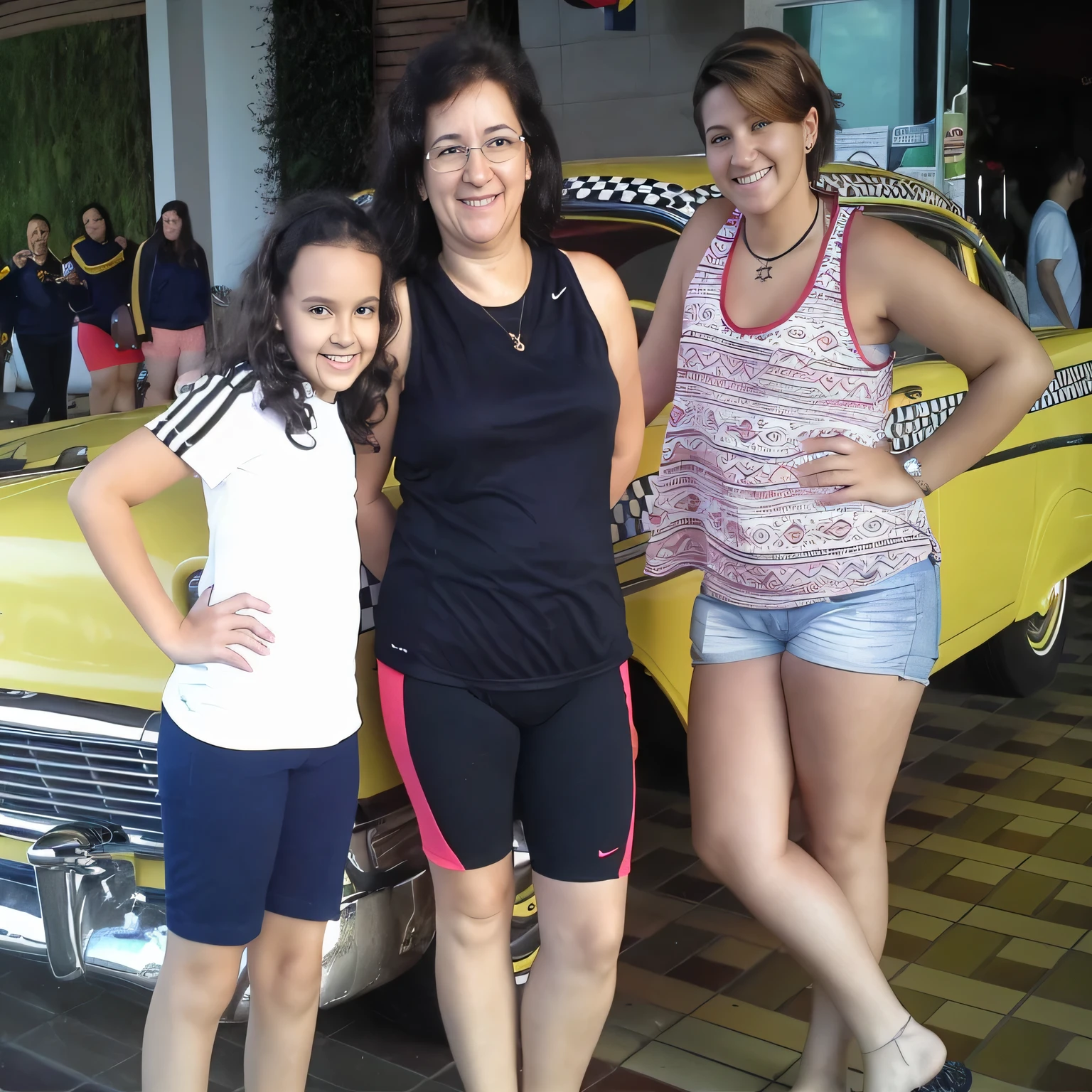 There is a woman and a girl next to a car in the garage, photo. She is 155 cm tall and around 40 years old. A woman with tanned white skin and dark hair. She is around 40 years old. Slightly plump lips, dark brown eyes. Perfect body, slim body, slim waist. tanned skin, soft lips, pink lipstick, a feeling of lightness and joy, hyperrealism, very elaborate skin. Fitness woman, physically fit woman, full body photo, clear photo, high quality, high resolution, masterpiece, 8K.