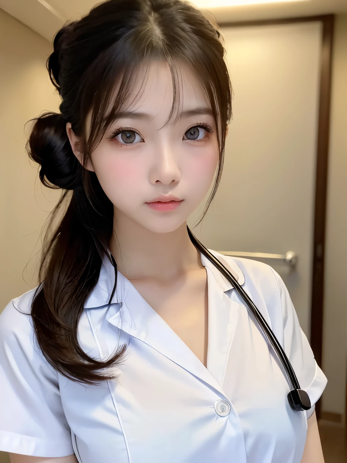 (masterpiece:1.3)、Super detailed finish、(High resolution、8k:1.3)、(highest quality)、(Super realistic like a photo:1.3)、(professional portrait、professional writing)、correct limbs、anatomically correct, perfect proportions、The face is in focus、close up on face:1.2、ultra high definition face、Face is in focus、Ultra high definition and beautiful eyes、(focused eyes、eyes that are not too big、Eyes are symmetrical:1.3)、High-definition and beautiful skin、firm skin、Ultra high definition hair texture、(japanese woman)、、very cute, half updo:1.3, nurse、nurse, medium breast、nipples:1.2, (ピンクcolorの美しい乳首:1.2) break (White nursing uniform、白いnurseの制服:1.3),on the hospital bed、 (embarrassed:1.3), (blush:1.3), (Strange look:1.3), Looking up at the camera、nsfw, (shy pose:1.3)、Awkward pose、I have my mouth slightly open、color々shooting angle:1.2