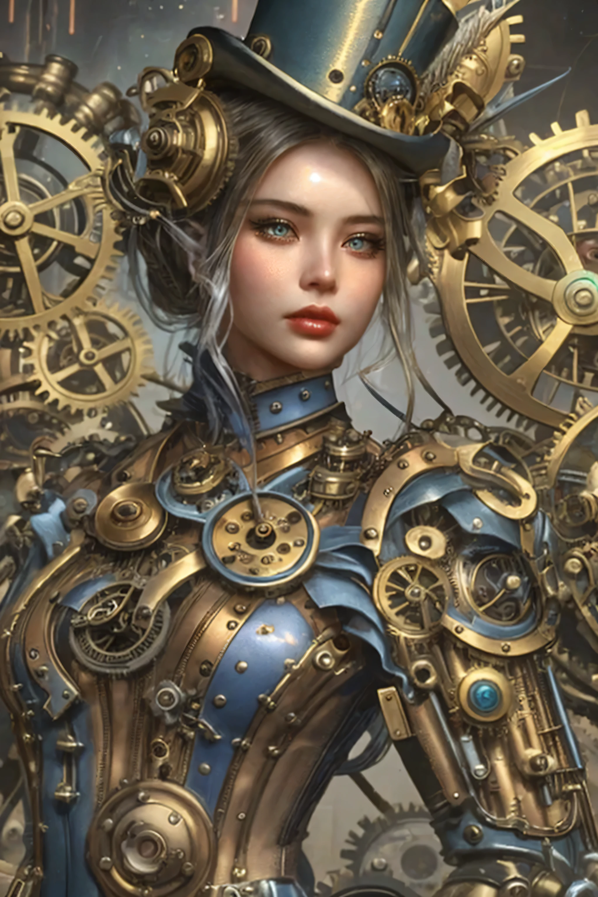 there is a woman in a steam punk outfit with a top hat, portrait of a mechanical girl, steampunk digital art, steampunk beautiful anime woman, a steampunk beautiful goddess, digital steampunk art, cyber steampunk 8 k 3 d, steampunk girl, clockwork woman, young girl in steampunk clothes, steampunk fantasy style, karol bak uhd, steampunk inventor girl, cyborg noble woman