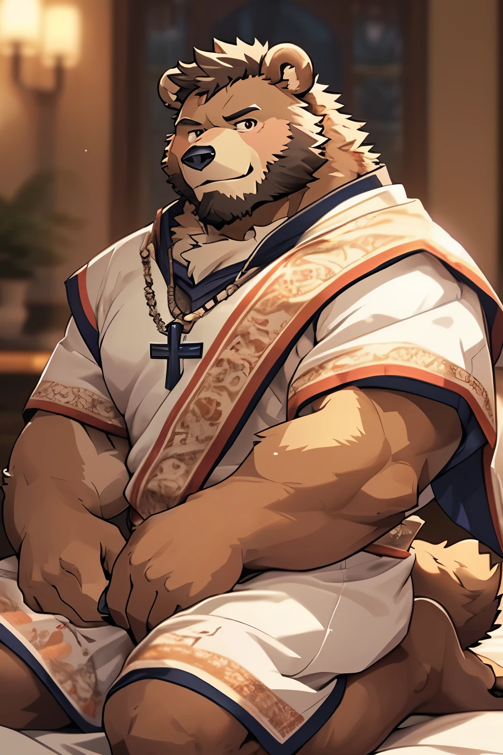 a scene in, depth of field, motion blur, , looking at the audience, (best quality), (masterpiece), (super detailed), sharp focus, Eye, black Eye, hairy, alone, light white fur, brown fur, beard, full-body shot,Secondary sexual characteristics are obvious, Quilt,Kneel on the bed,blink, Smile, human nature (brown bear), male, (brown bear), middle aged, muscular, Priest,White clothes,cute expression,super detailed face