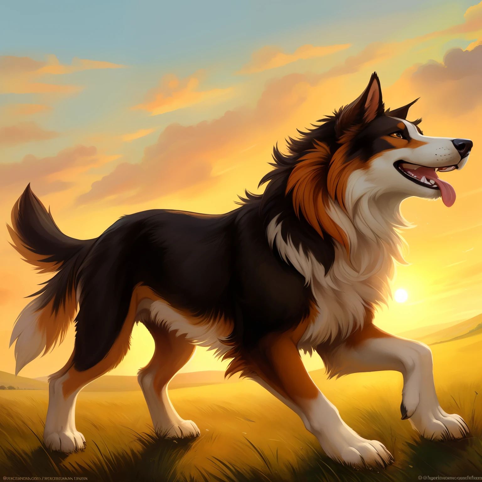 A stunningly realistic depiction of a Rough Collie in full sprint across expanses of lush, vibrant grassland. The sun casts a warm glow over the scene, illuminating every tuft of fur and blade of grass. The Collie's powerful muscles ripple with each stride, conveying the immense energy and joy radiating from the scene. The fun-filled atmosphere is further emphasized by the playful expression on the Collie's face, its tongue lolling out in delight as it revels in the freedom of the open meadow. This exquisitely detailed masterpiece showcases the breathtaking artistry of the kenket artist, Ross Tran, and is
