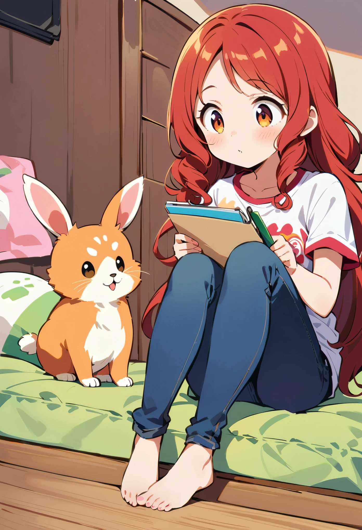 talkative, chatty and cheerful anime character with expressive eyes and bright red hair in loose curls., sitting on the edge of his bed, thought deeply about the complex art of anime design. She wears a casual T-shirt and jeans., simple, but a charming image for this sweet girl. A pet rabbit named Ryder jumps at her feet., nibbling a carrot, unaware of talkative's introspection. With a notepad and pencil in hand, she's sketching out ideas for her latest anime project, her concentration did not weaken, despite the cute distraction of her furry companion.