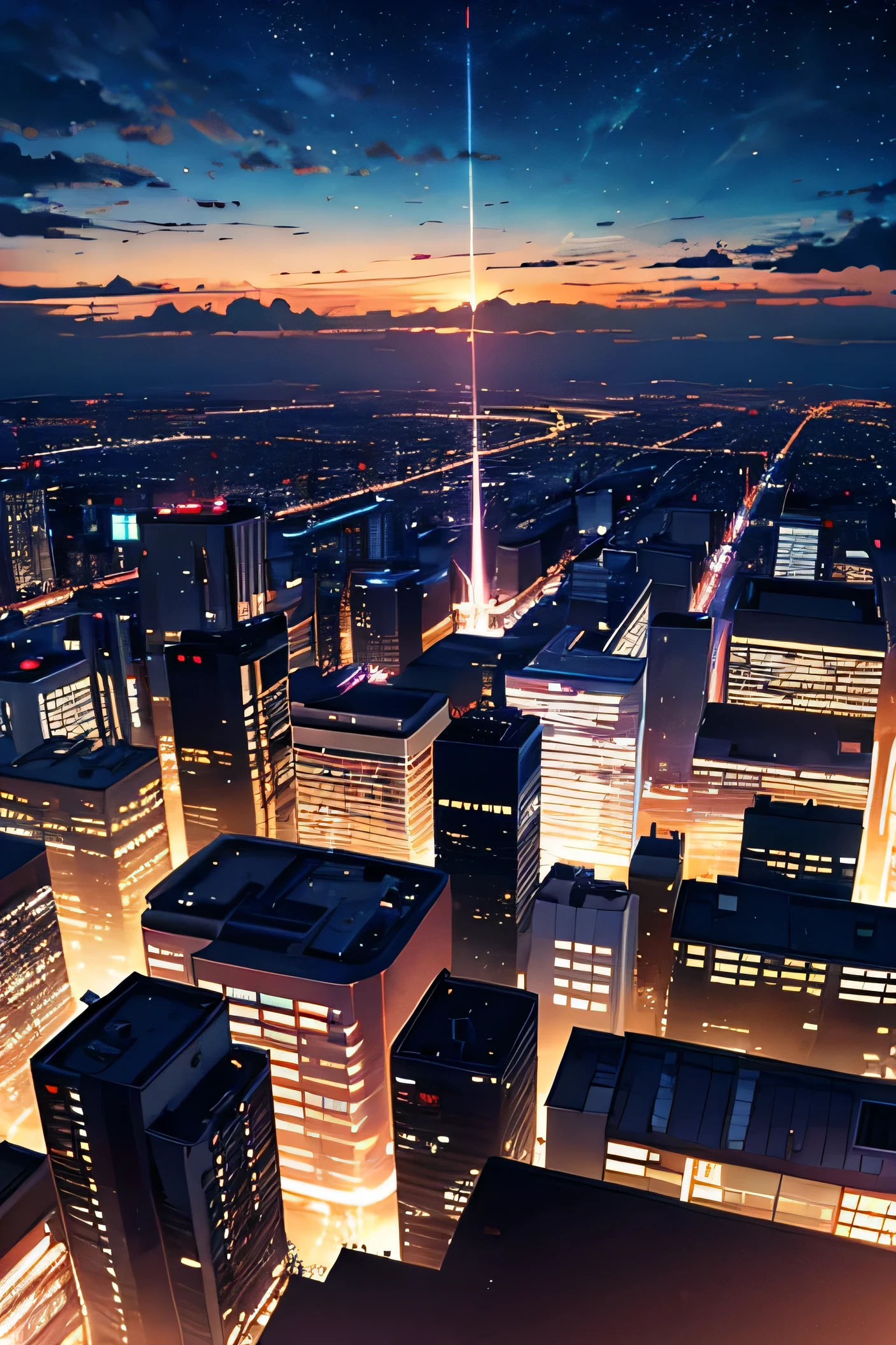an anime background , city night , beautiful sky