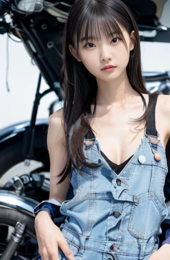 best quality, detailed, beautiful, insanely detailed, absurdres,perfect ,
Japanese woman,black hair,27 years old,
(slender),
(small breasts),full body shot, 
Motorcycle maintenance scene, female mechanic, (white mechanic coveralls:1.1), dynamic angle