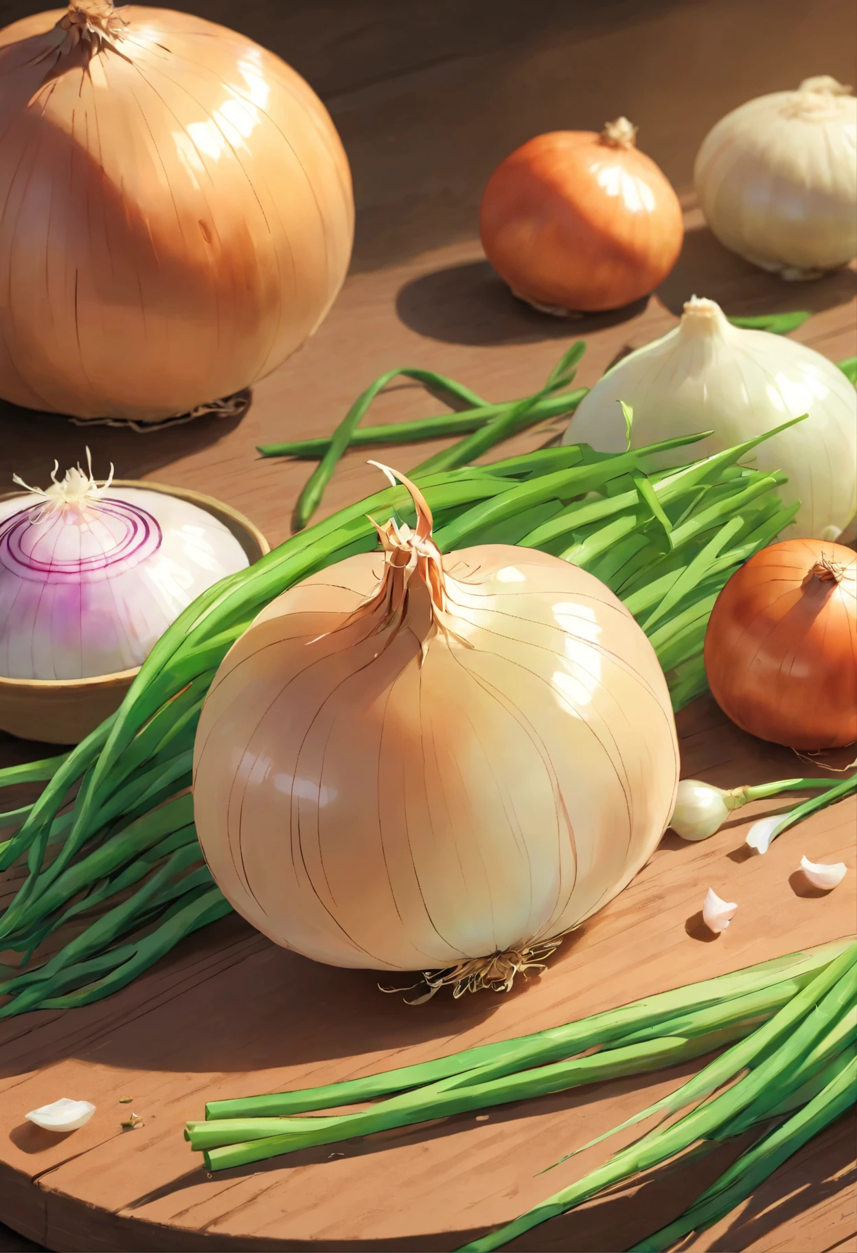 beautifully arranged onions on a table,delicate stems with tender tips,crisp and fresh,artistic presentation,naturally vibrant colors,(best quality,4k,8k,highres,masterpiece:1.2),ultra-detailed,realistic:1.37,close-up details,textured green shoots,studio lighting,subtle shadows,aesthetic appeal,culinary inspiration,wholesome and healthy,