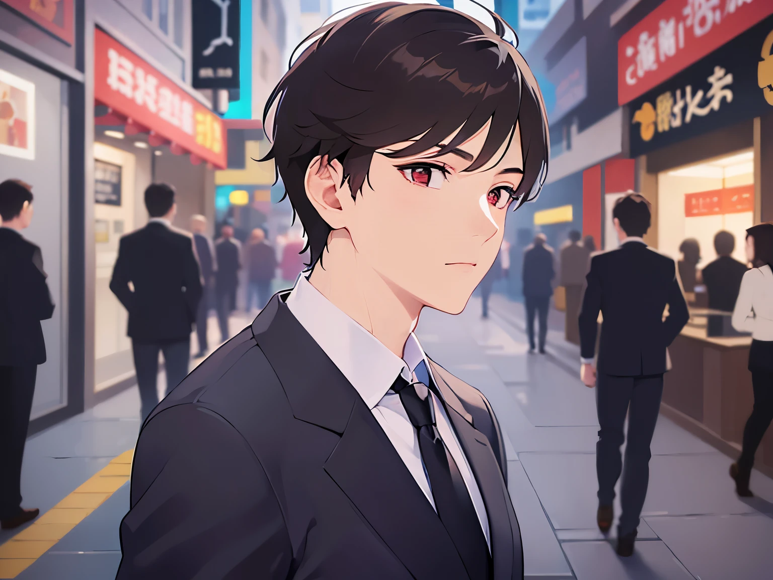 side angle, (looking away:1.5), masterpiece、highest quality、(25 year old male:1.5) and (brown short hair) and (red eyes), wearing a business suit、Are standing、No expression、The background is a shopping street at night、(Alone:1.5)、Upper body is shown