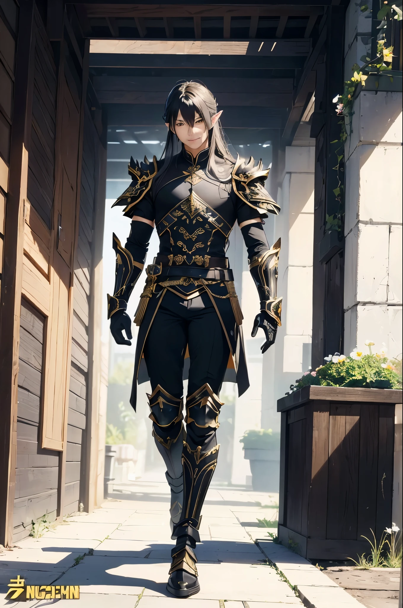 (best quality,4k,8k,highres,masterpiece:1.2),ultra-detailed,(realistic,photorealistic,photo-realistic:1.37), a efl man in a black and gold outfit, Yellow eyes, black and gold armor, black and golden armor, ornate cosplay, gilded black uniform, keqing from genshin impact, by Yang J, black heavy armor with gold trim, zhongli from genshin impact, very stylish fantasy armor, heavy gold obsidian armor, black shirt underneath armor, black hair, garden wallpaper, garden image background, long hair, pointy ears, provocative smile 