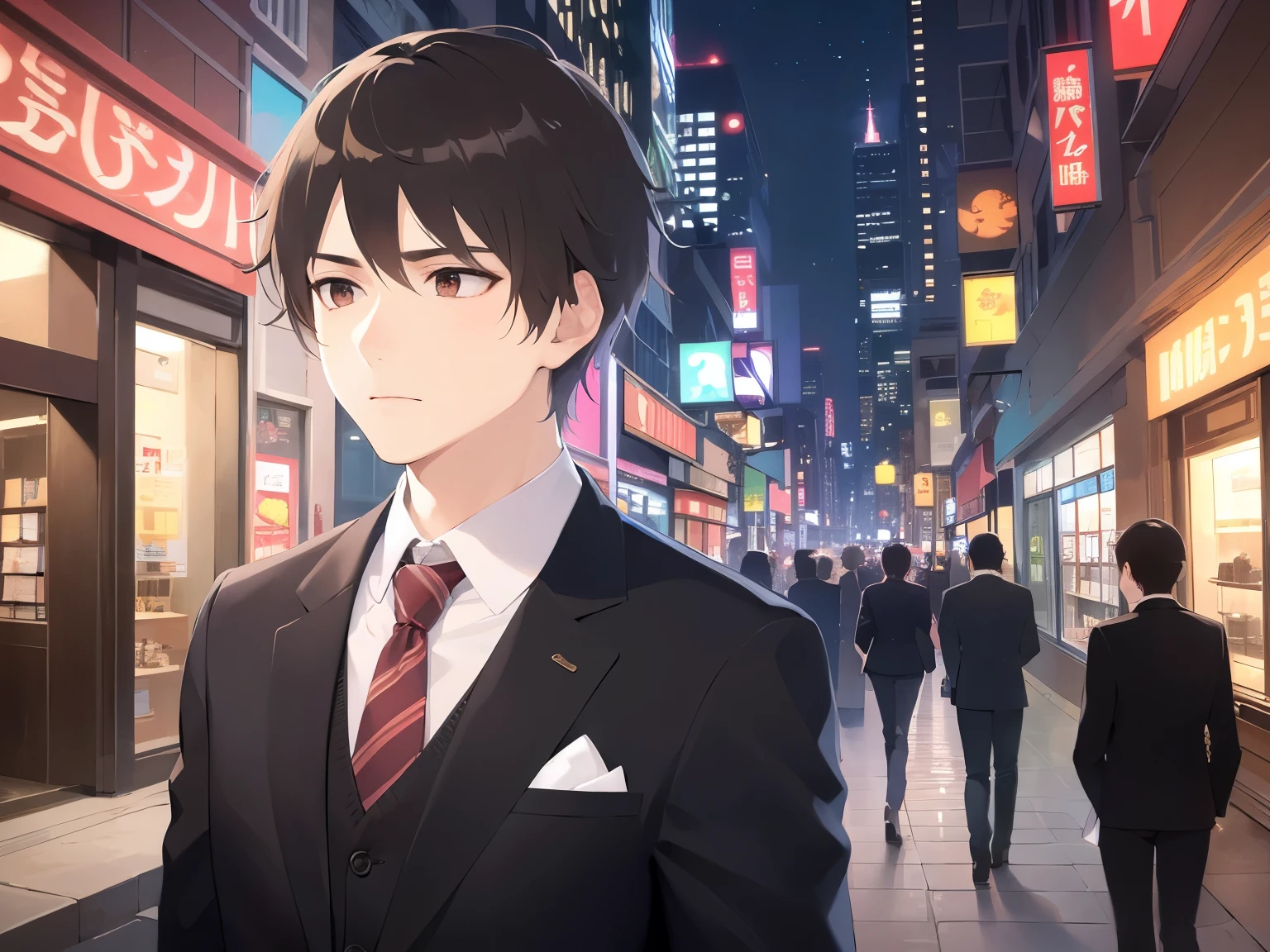 side angle, (looking away:1.5), masterpiece、highest quality、(25 year old male:1.5) and (brown short hair) and (red eyes), wearing a business suit、Are standing、No expression、The background is a shopping street at night、(Alone:1.5)、Upper body is shown