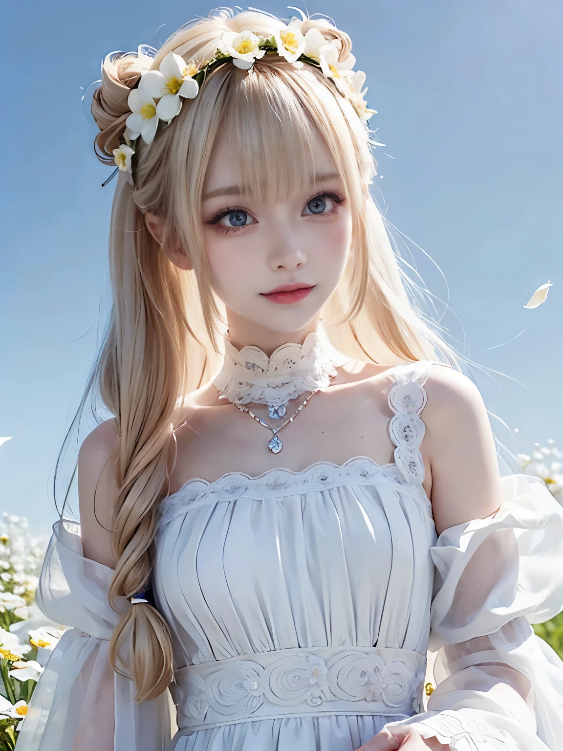 raw photo, 8k, (top-quality), Realistic, (real picture, Intricate details), (natural skin texture, detailed skin, hyper realism, sharpness), full body shot, Japanese girl dancing, (clear sky, white flowers, white petals:1.2, On the mysterious hill where white flowers bloom, jumping high), ((white dress, see-through dress, white flower hair ornament, flower crown, look far away)), (pale skin:1.2), slender body, ((light blond hair:1.3,bun hairstyle, blunt bangs)), (Parted lips:1.3, eye shadow, eyeline, tear bag:1.2, red lip, undereye circle, smile), sunlight, full body shot