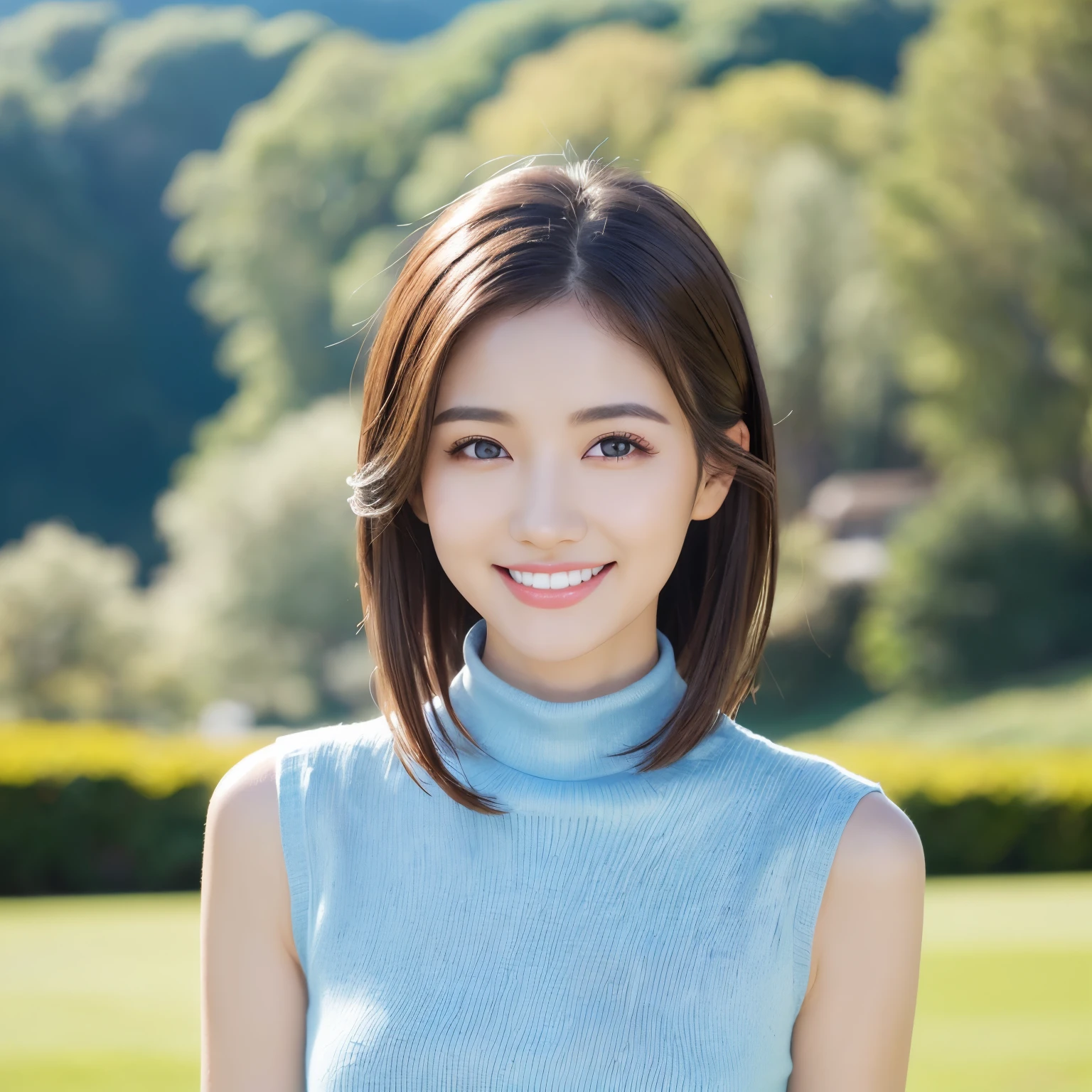 (highest quality、table top、8K、best image quality、Award-winning work)、1 female、(Perfect light blue sleeveless turtleneck knit sweater dress:1.3)、look at me with the best smile、(flat chest:1.1)、(Very tight knit dress with perfect fit:1.1)、(Beautiful park background with strong blur:1.1)、The most natural and perfect beauty park、A perfectly maintained normal park、stand gracefully、Refreshing scenery、natural makeup、Ultra high definition beauty face、(Super high resolution perfect teeth:1.1)、ultra high definition hair、Super high-definition sparkling eyes、(Super high resolution glossy skin:1.1)、Super high resolution glossy lips、(accurate anatomy:1.1)、(very bright and vivid:1.3)、(Beautiful skin that shines brightly:1.3)