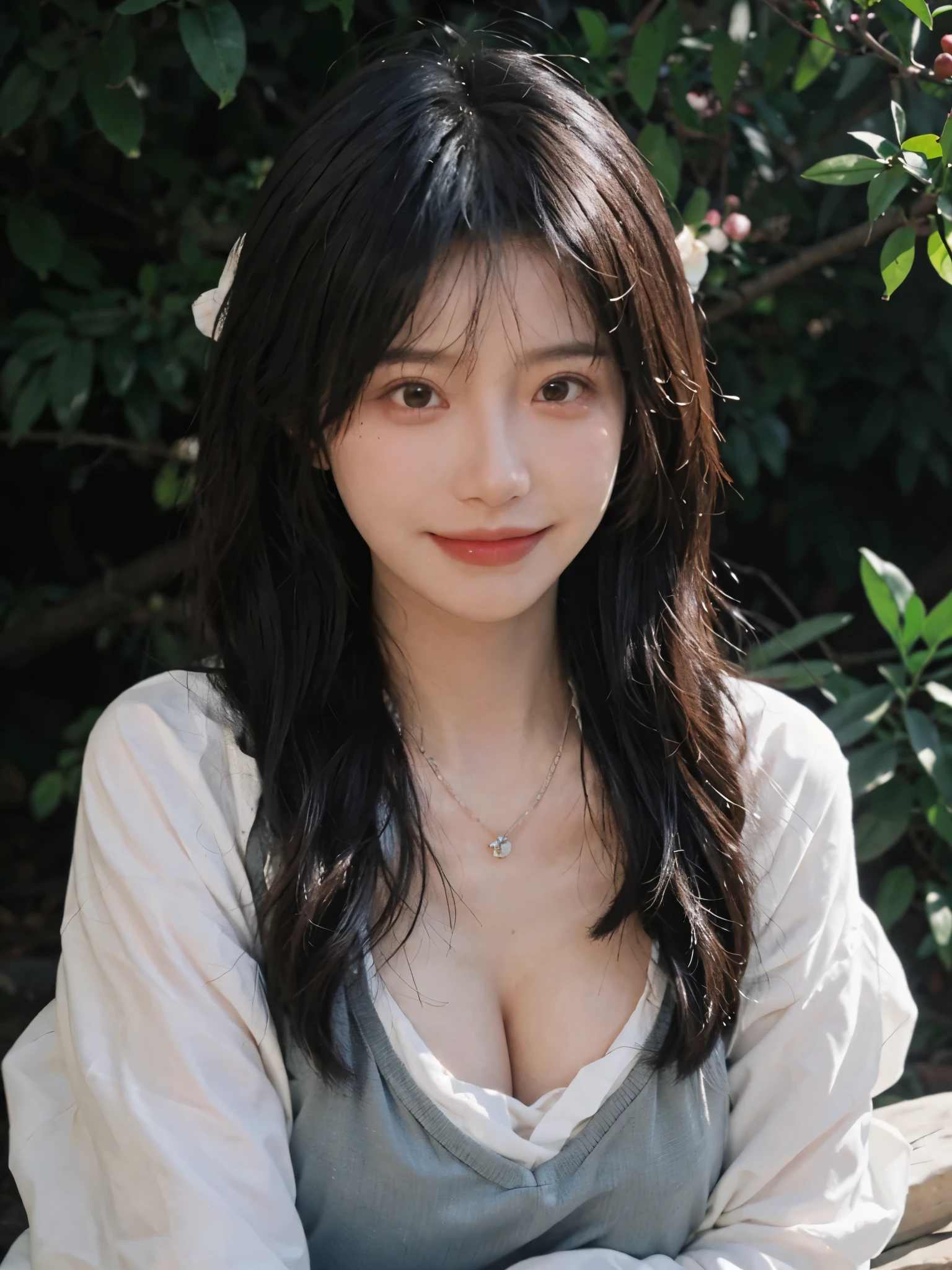 best quality, ultra high resolution, (realistically:1.4), Baoyu Girl, A pair of clear and charming peach blossom eyes,Royal sister,The sun shines on the face,Long curly hair,(In the forest:1.4),(necklace:1.2),(White skin:1.4),(Full body female love:1.2)a sense of atmosphere,a beautiful girl, Smile,Looking directly at the viewer, Close-up cleavage ,(lifelike:1.4),1 girl,Sexy,(Upper body:1.4),(wet),(:1.2)