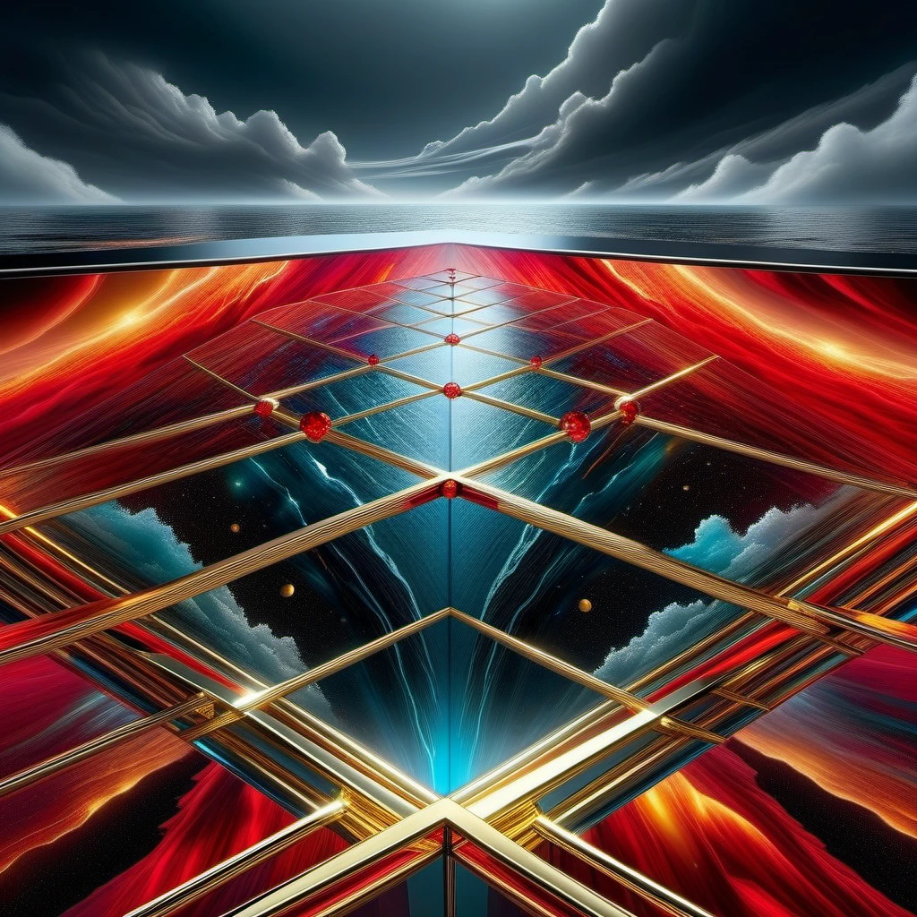 Glass tabletop resting against facing tempestuous ocean, embodying "Love conquers all" through vivid red and bold black hues interwoven with gold and platinum wire work, funneling into an outer space vanishing point, fusion of Mike Davis's complexity, Xue Wang's finesse, balanced as Jacob Lawrence, dynamic as Francis Picabia, ultra HD, vivid colors, high detail, UHD pen and ink, perfect composition, intricate,  The background of the glass table stands by the stormy sea. High Quality, Masterpiece. best quality, , super detail