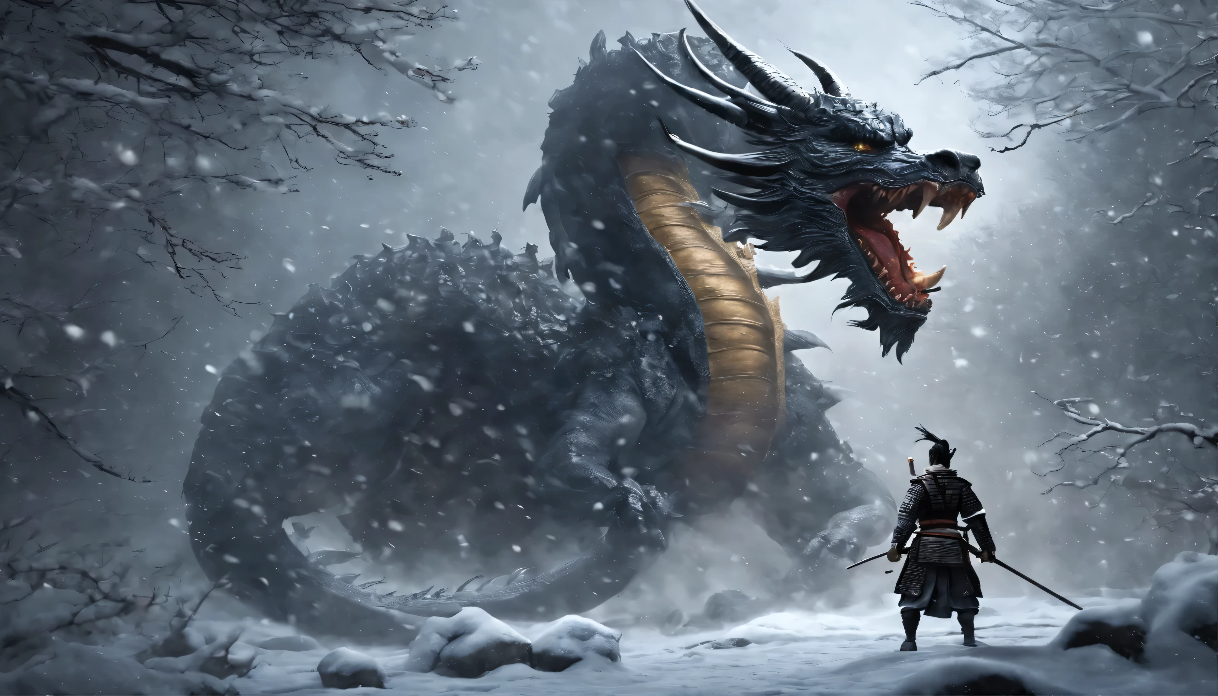 samurai fighting a mythical dragon on a snowy night in japan