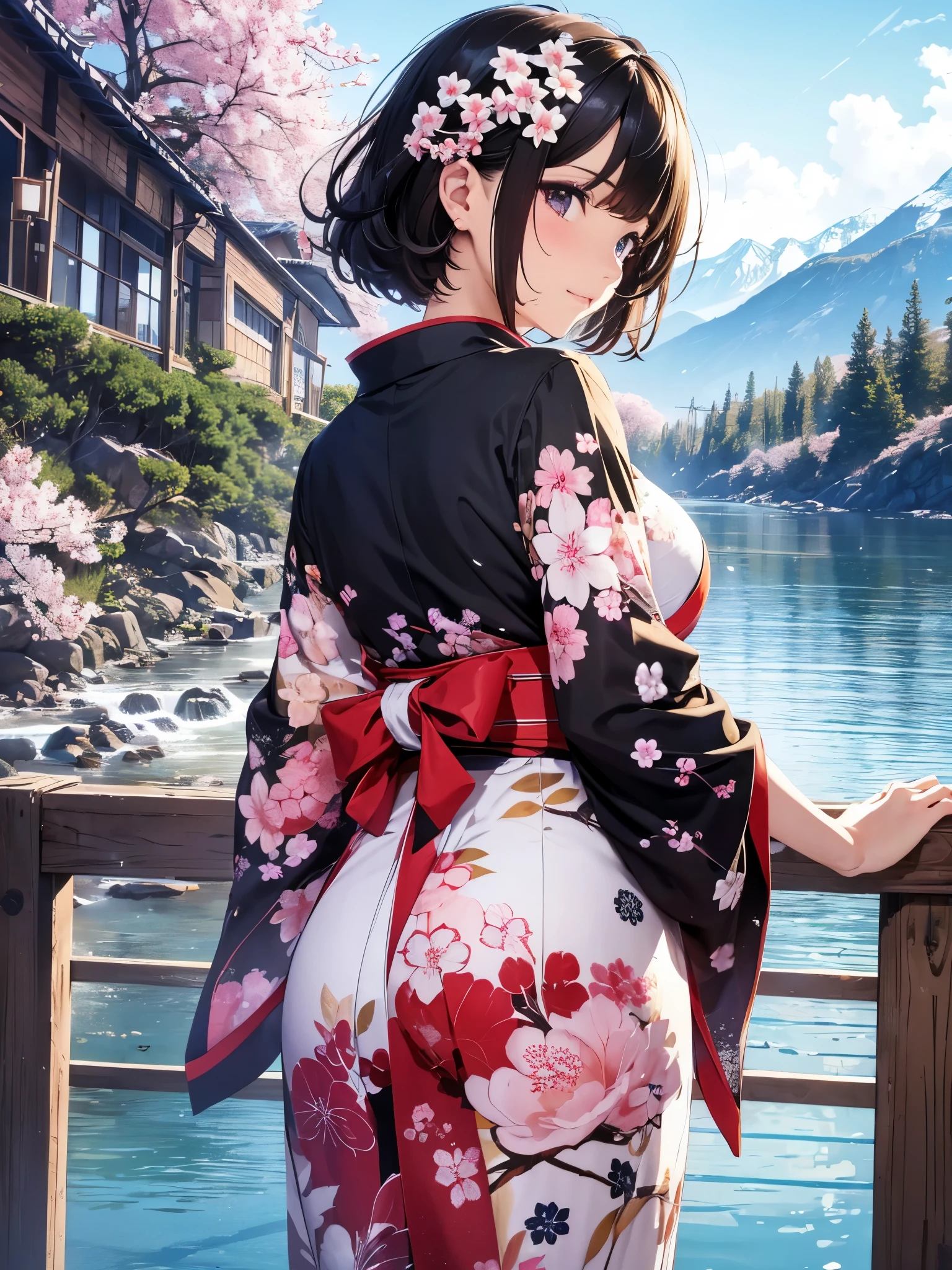 (((ultra high definition))), (((Naoha Kiritani))), masterpiece, best quality, detailed, (1 girl), alone, (超detailed黑眼睛, short hair, permanent: 1.2), Be close to the audience, (sexy kimono), Seductive smile, (Plump breasts, attractive body :1.2), (Put your arms behind your back), water, Sunset, (earring), (cherry blossoms in bloom), Snowy mountains and lake in the background,