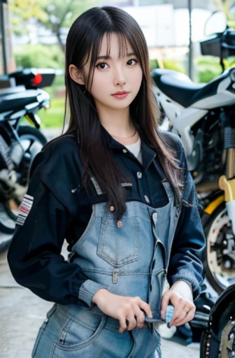 best quality, detailed, beautiful, insanely detailed, absurdres,perfect anatomy,
Japanese woman,black hair,27 years old,
(slender),
(small breasts),full body shot, 
(Motorcycle maintenance scene:1.2), (have a spanner:1.2), female mechanic, (white mechanic coveralls:1.1), dynamic angle