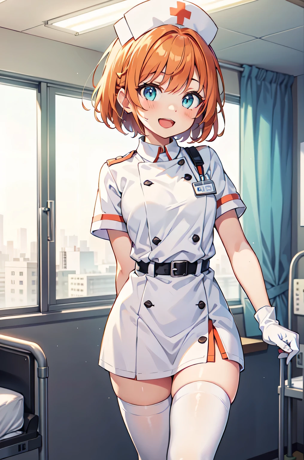 1girl, solo, nurse, nurse cap, white nurse uniform, ((white legwear, zettai ryouiki)), white gloves, very short hair, orange hair, smile, open mouth, standing, ((hospital room)), sharp outline, short sleeves, tomboy, boyish, best quality, masterpiece