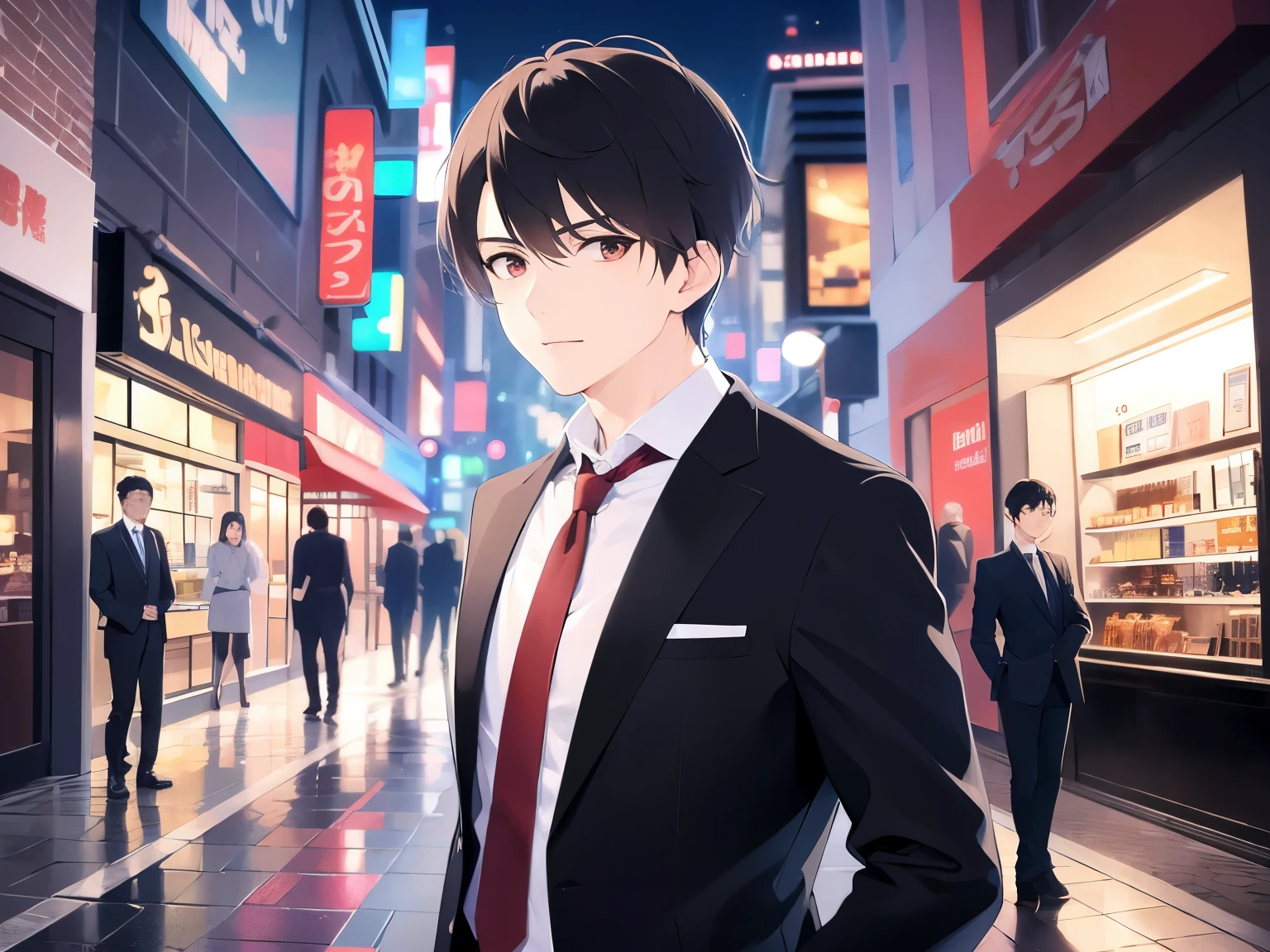  masterpiece、highest quality、(25 year old male:1.5) and (brown short hair) and (red eyes), wearing a business suit、Are standing、surprised、The background is a shopping street at night、(Alone:1.5)、Upper body is shown