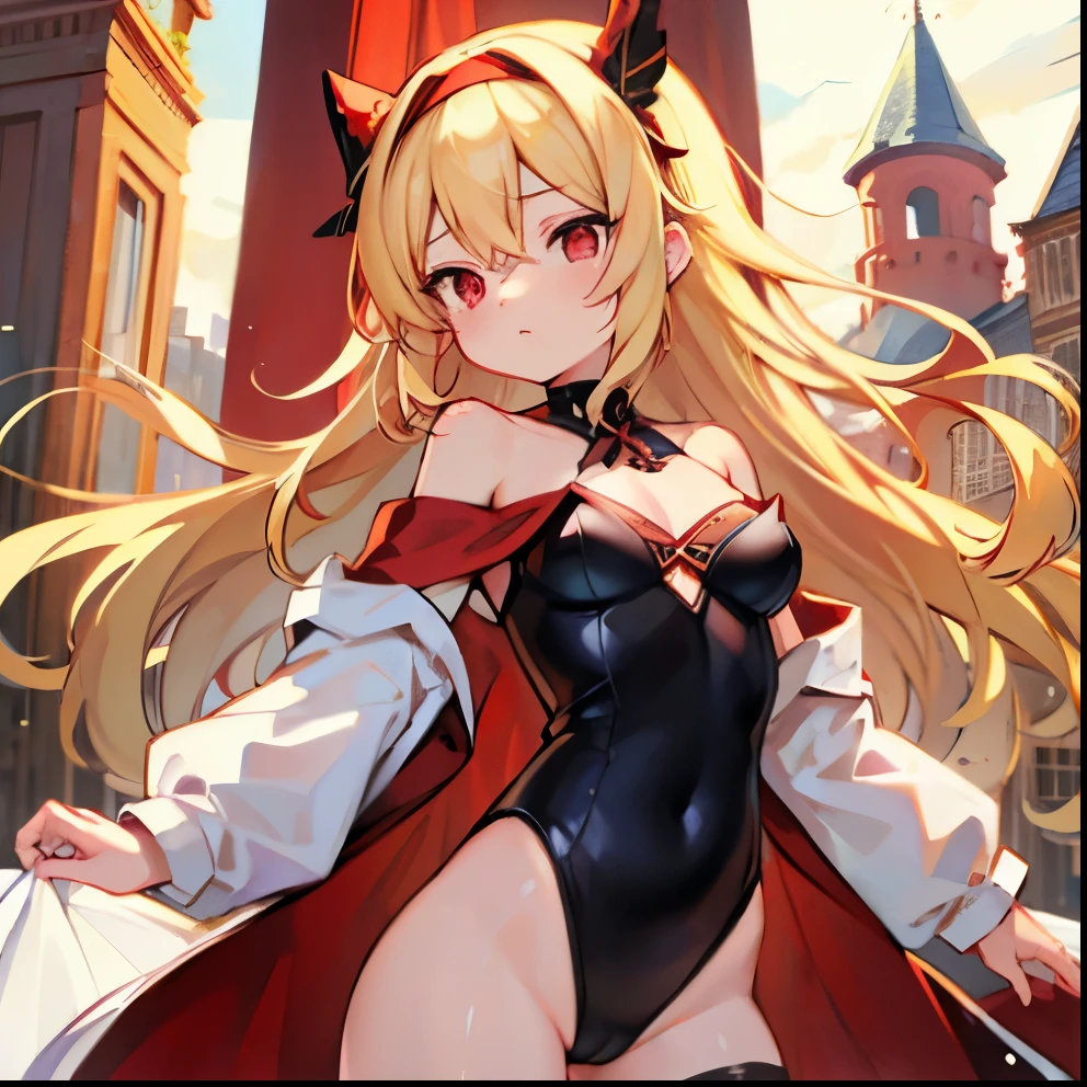 wavy blonde、red eyes、one beautiful girl、black high leg leotard、off shoulder、hair band、western castle