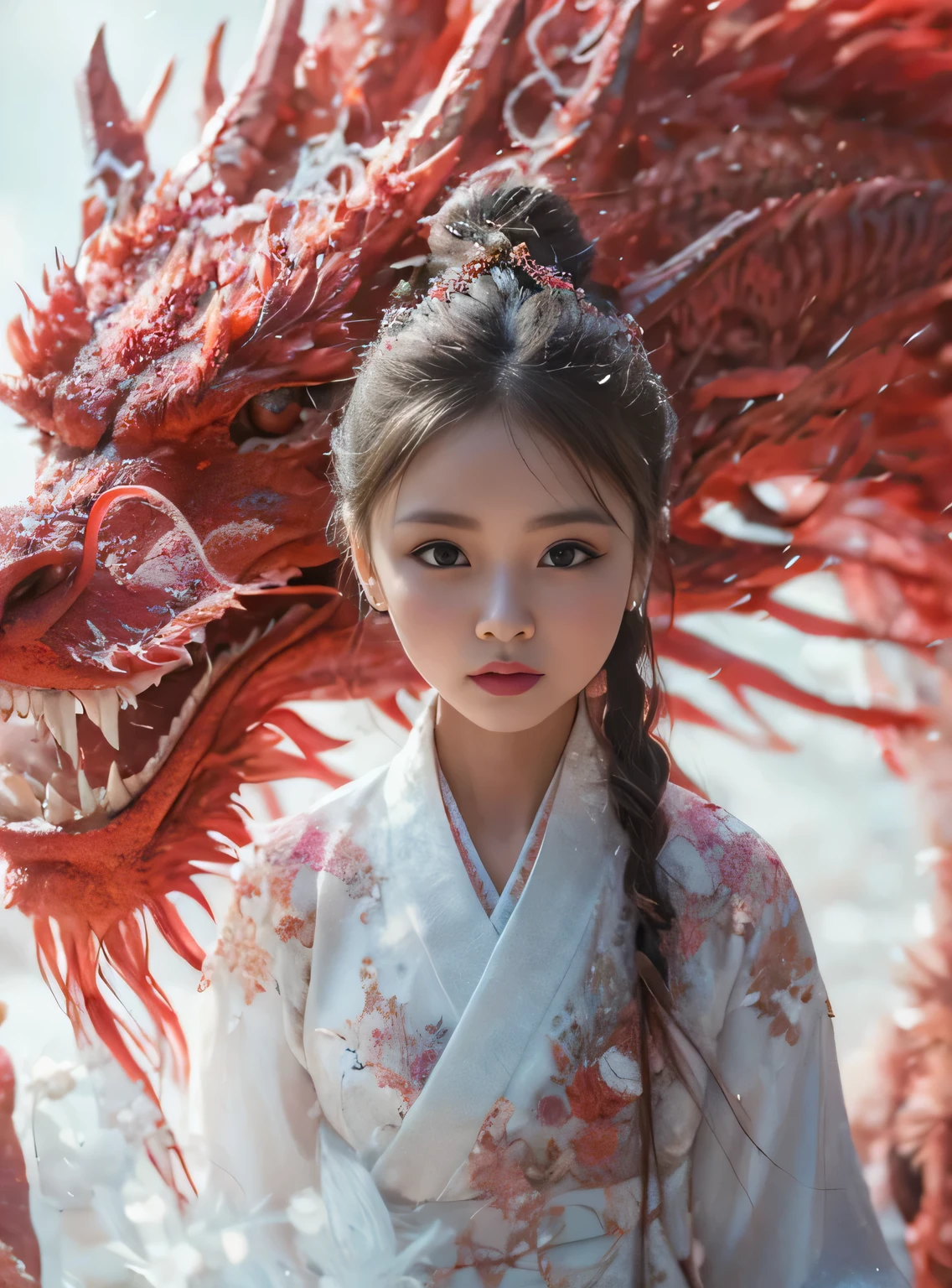 Alafid girl in white and red kimono with a dragon, dragon girl肖像, dragon girl, Chinese fantasy, hanfu, robe with dragon pattern, palace , Beauty in Hanfu, Chinese girl, yanjun chengt, Chinese style, Red Dragon, traditional Chinese, Inspired by Chen Yifei, white hanfu, xianxia fantasy