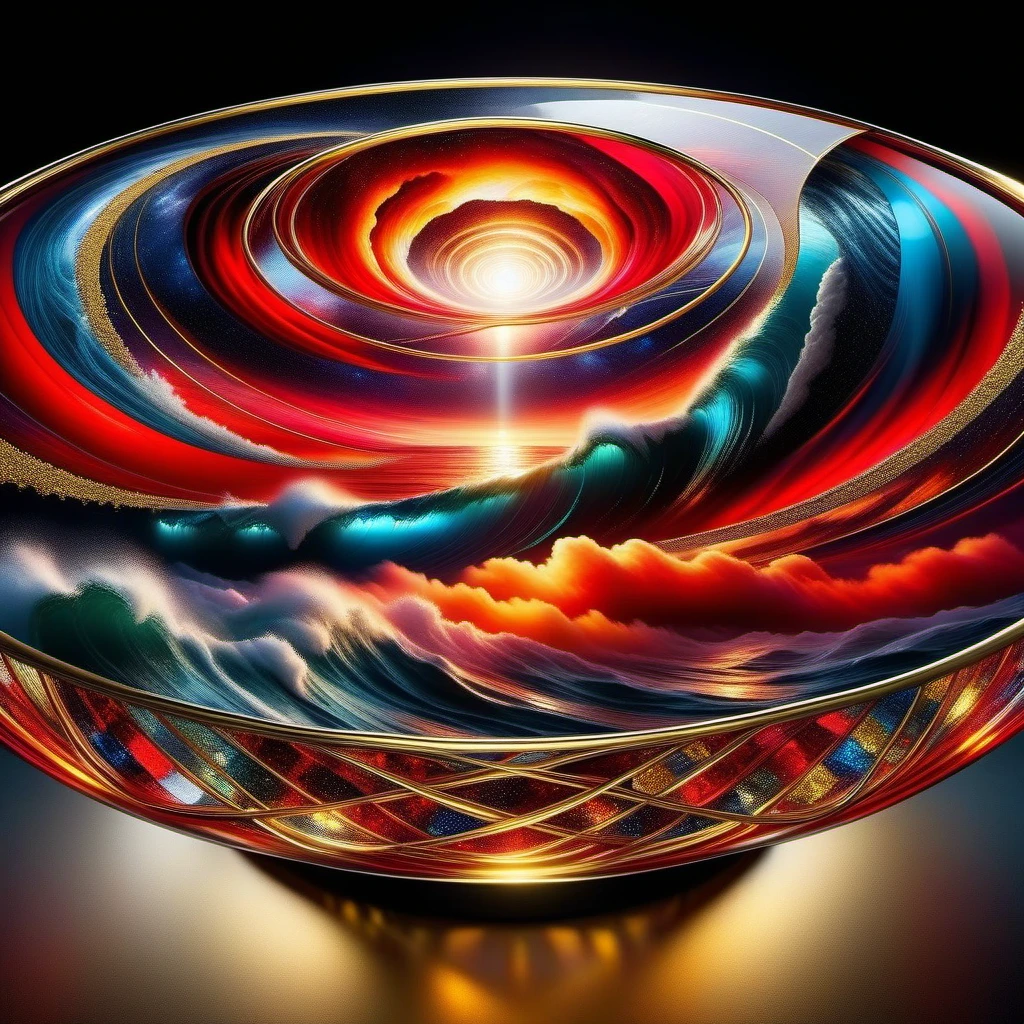 Glass tabletop resting against facing tempestuous ocean, embodying "Love conquers all" through vivid red and bold black hues interwoven with gold and platinum wire work, funneling into an outer space vanishing point, fusion of Norman Lindsay's complexity, Philippe Vignal's finesse, balanced as Jacob Lawrence, dynamic as Francis Picabia, ultra HD, vivid colors, high detail, UHD pen and ink, perfect composition, intricate,  The background of the glass table stands by the stormy sea. High Quality, Masterpiece. best quality, , super detail