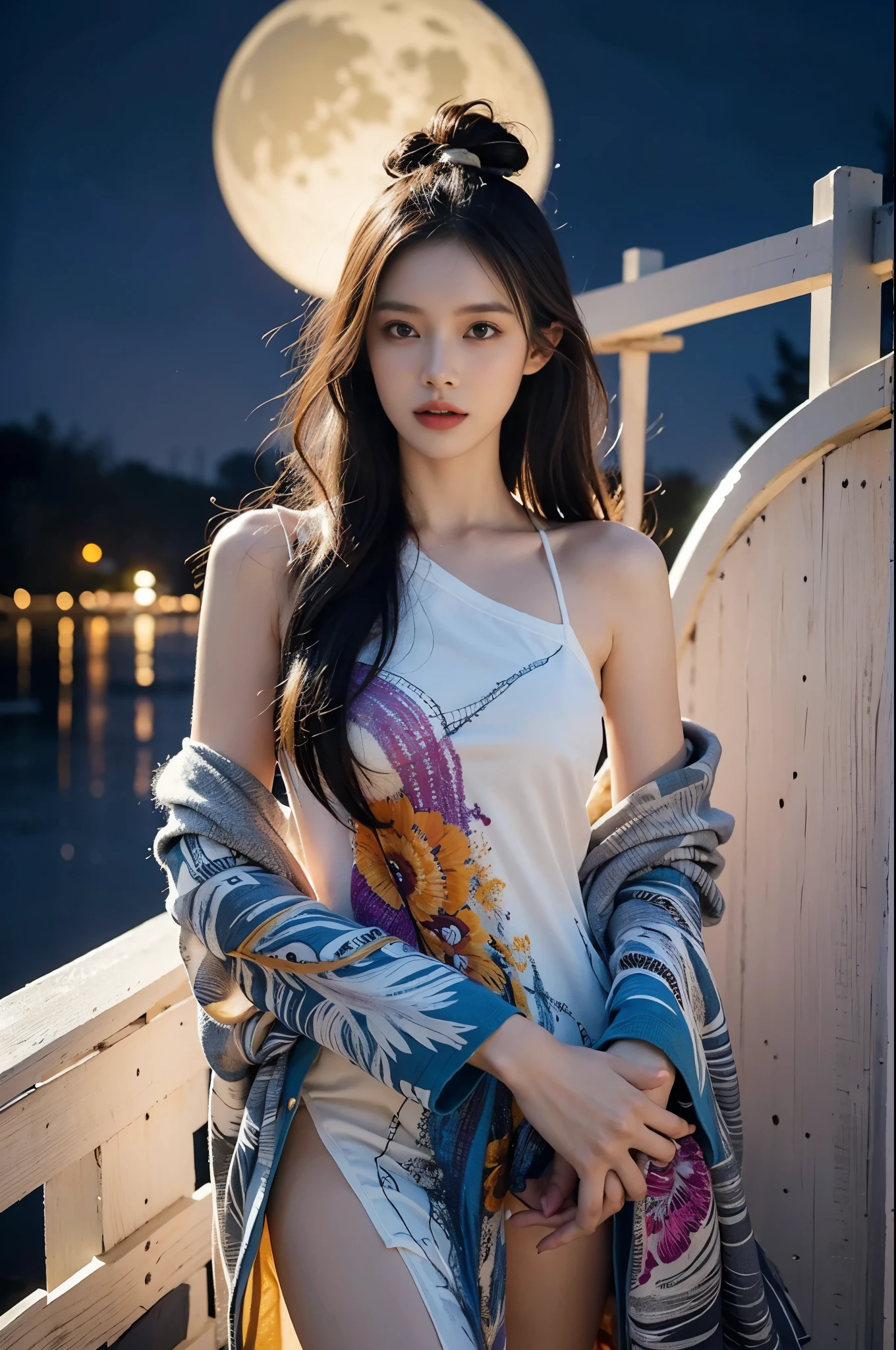 one-girl,Gorgeous Hair in Long Purple,Silver pupils,Sitting on a nine-tailed fox and watching the sunset,Holding a blue bead in hand