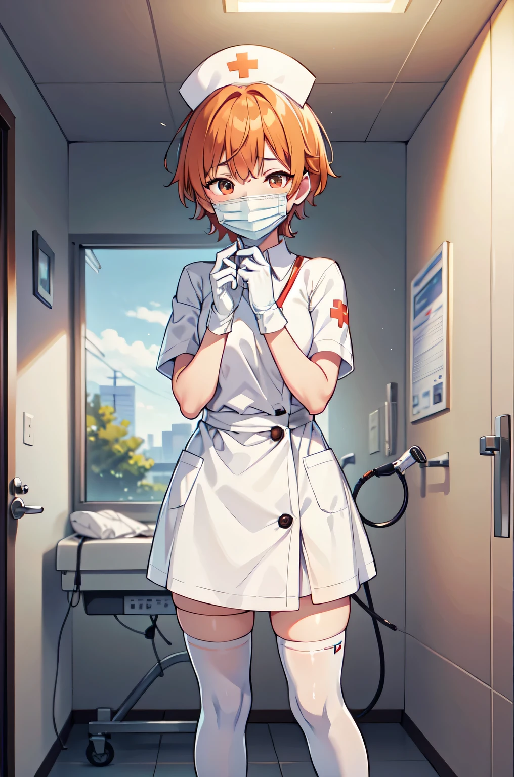 1girl, solo, nurse, nurse cap, white nurse uniform, ((white legwear, zettai ryouiki)), white gloves, very short hair, orange hair, ((white surgical mask, covered nose)), standing, ((hospital room)), sharp outline, short sleeves, tomboy, boyish, best quality, masterpiece