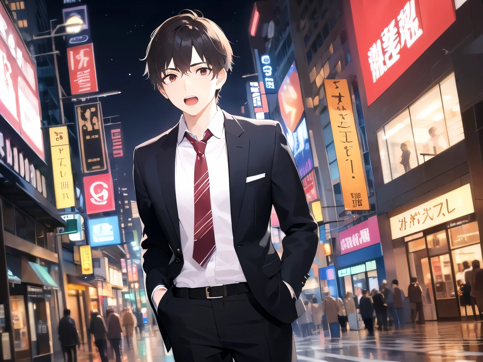 masterpiece、highest quality、(25 year old male:1.5) and (brown short hair) and (red eyes), wearing a business suit、Are standing、surprised、open mouth, The background is a shopping street at night、(Alone:1.5)、Upper body is shown