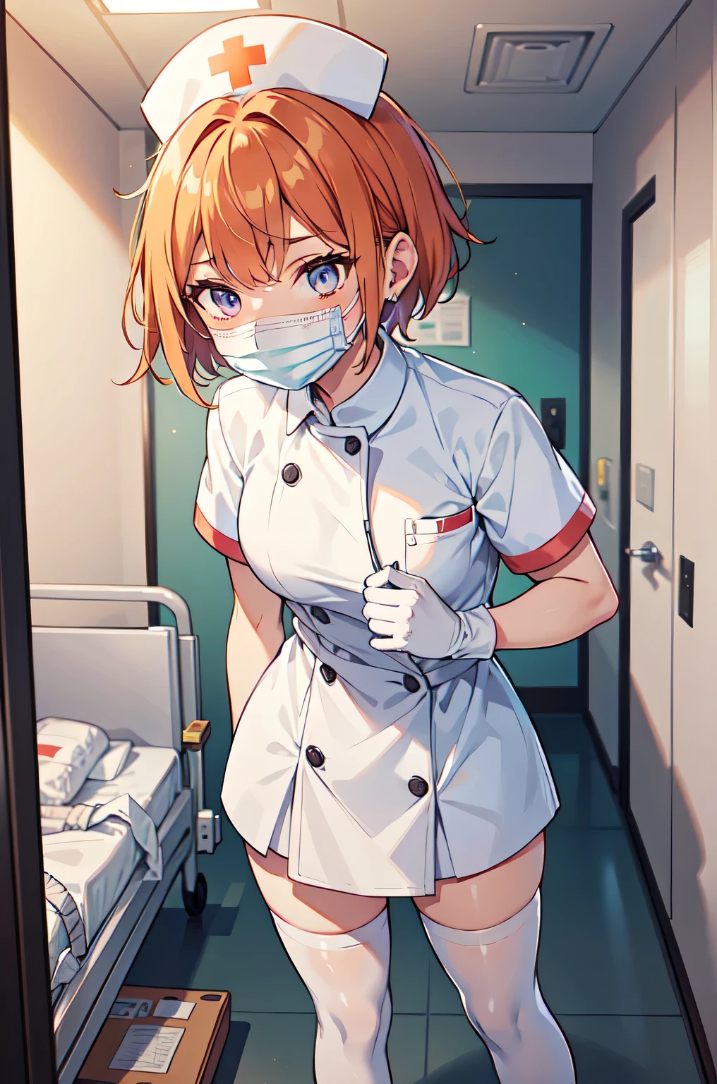 1girl, solo, nurse, nurse cap, white nurse uniform, ((white legwear, zettai ryouiki)), white gloves, very short hair, orange hair, ((white surgical mask, covered nose)), standing, ((hospital room)), sharp outline, short sleeves, tomboy, boyish, best quality, masterpiece