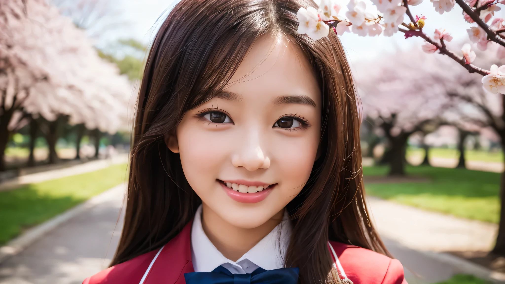 (1 girl), (big round eyes), cute smile, brown eyes, (high school uniform:1.2), (highest quality: 1.4), (Super detailed), (highest quality:1.4), (Super detailed), evening, very high resolution, (Upper body), close up face, Cherry tree, (garden), Cherry tree in full bloom,