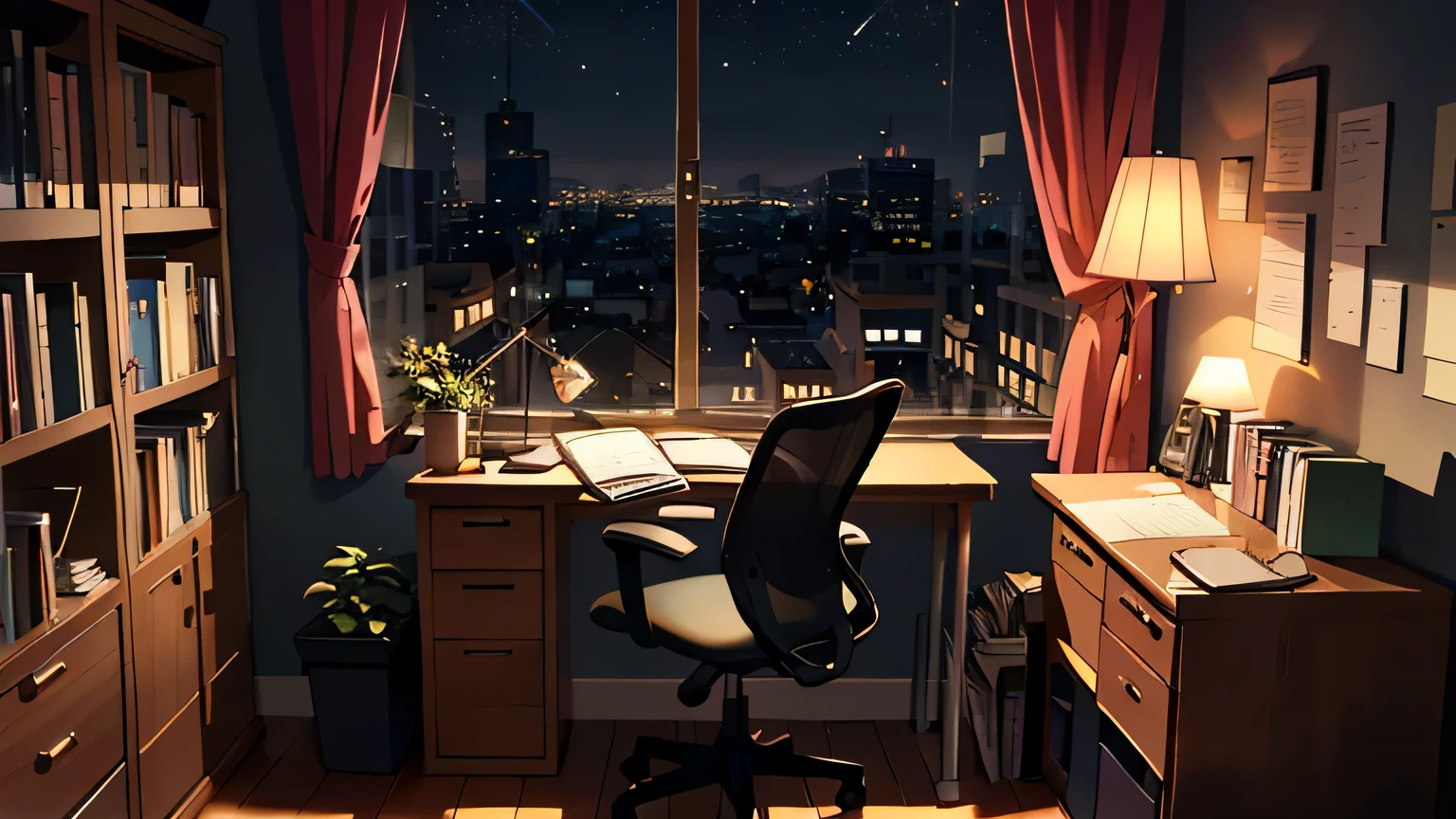 ((highest quality)), ((masterpiece)), Create an office with cartoon-style windows at night, very detailed and beautiful, Natural light enters, Wide view of the street, computer on desk, Books stacked on a bookshelf, Leaves scattered on the desk, , written depth effect, soft moonlight, Added pink color filter