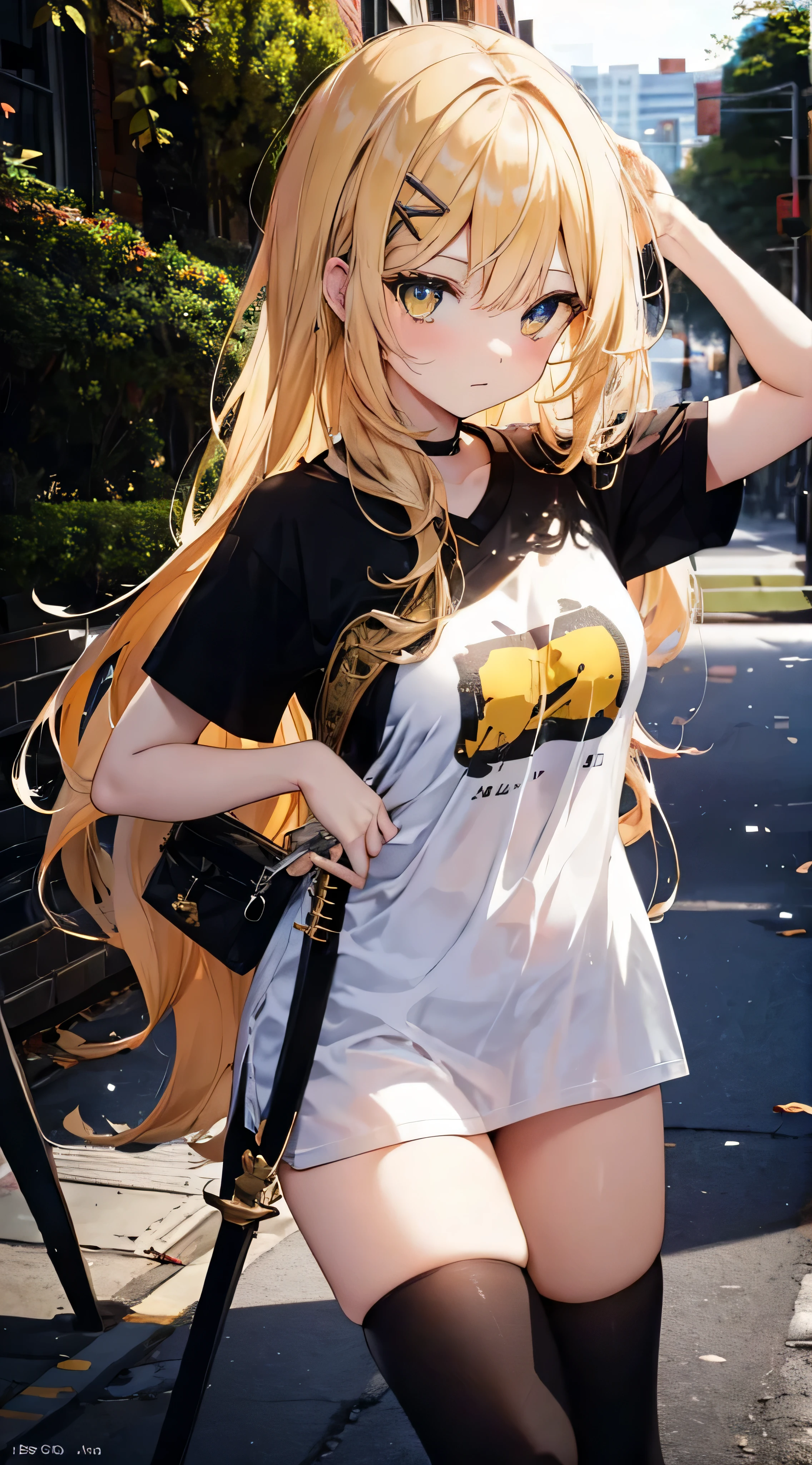 1girl, ( young girl, cute girl), slim body.medium breast, blonde hair.detailed beautiful eyes.yellow  eyes, long hair, bangs, black hair clip, white T - shirt, holding sword, top body