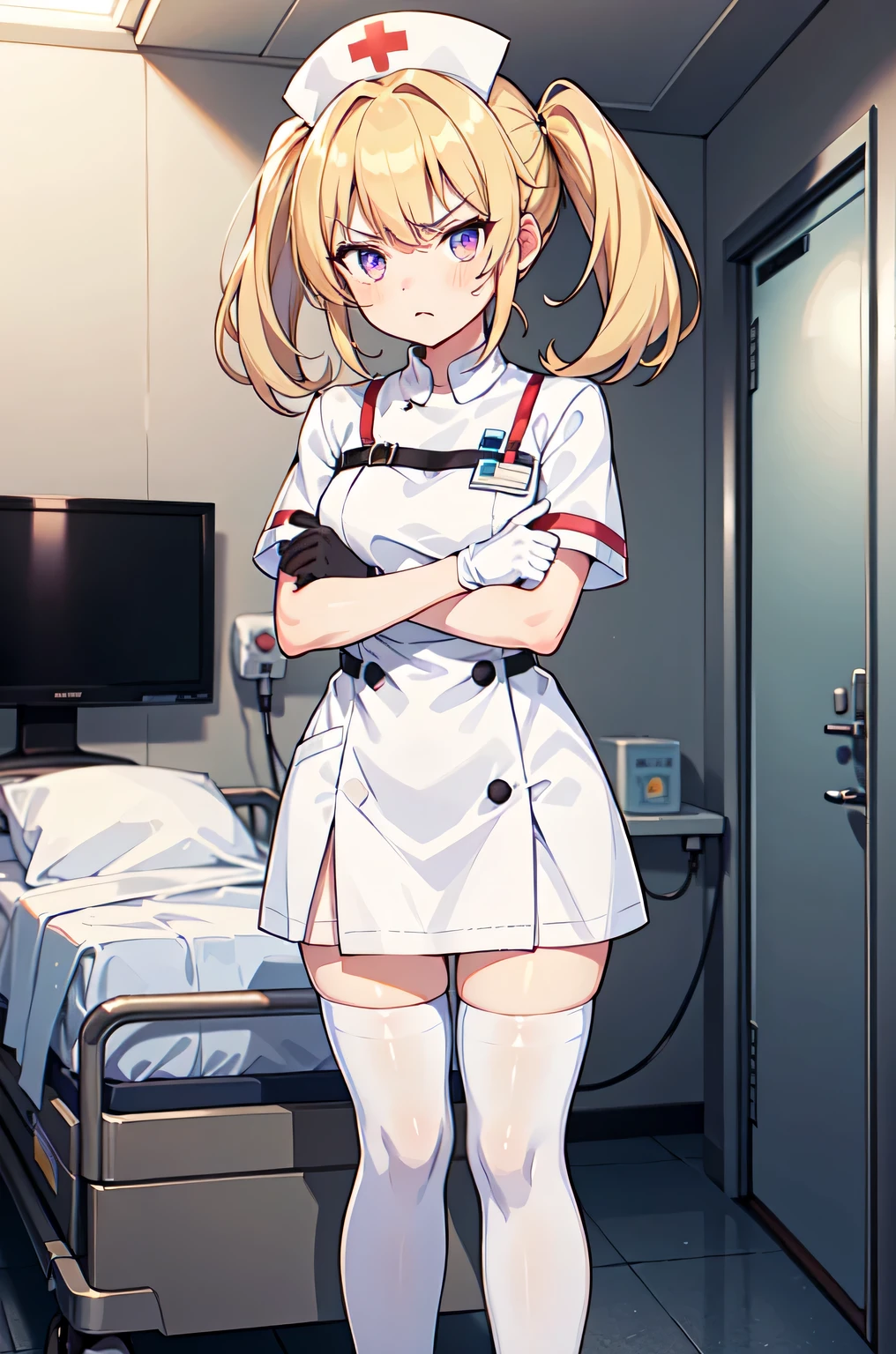 1girl, solo, nurse, nurse cap, white nurse uniform, ((white legwear, zettai ryouiki)), white gloves, twintails, yellow hair, purple eyes, angry, crossed arms, standing, ((hospital room)), sharp outline, short sleeves, best quality, masterpiece