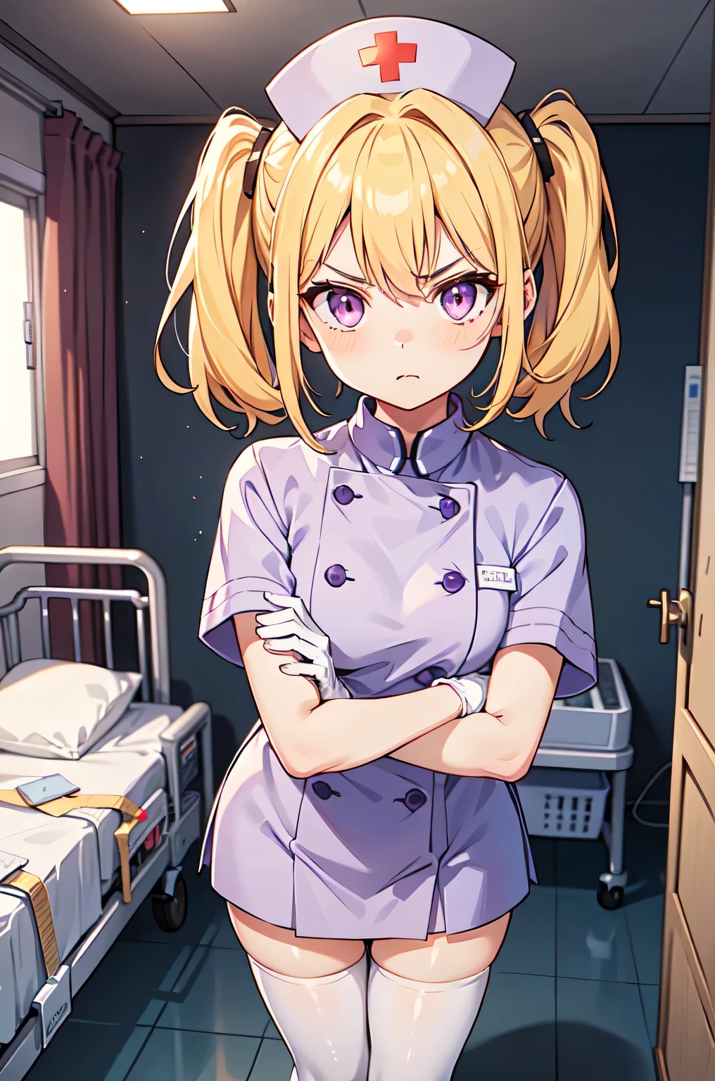 1girl, solo, nurse, nurse cap, white nurse uniform, ((white legwear, zettai ryouiki)), white gloves, twintails, yellow hair, purple eyes, angry, crossed arms, standing, ((hospital room)), sharp outline, short sleeves, best quality, masterpiece