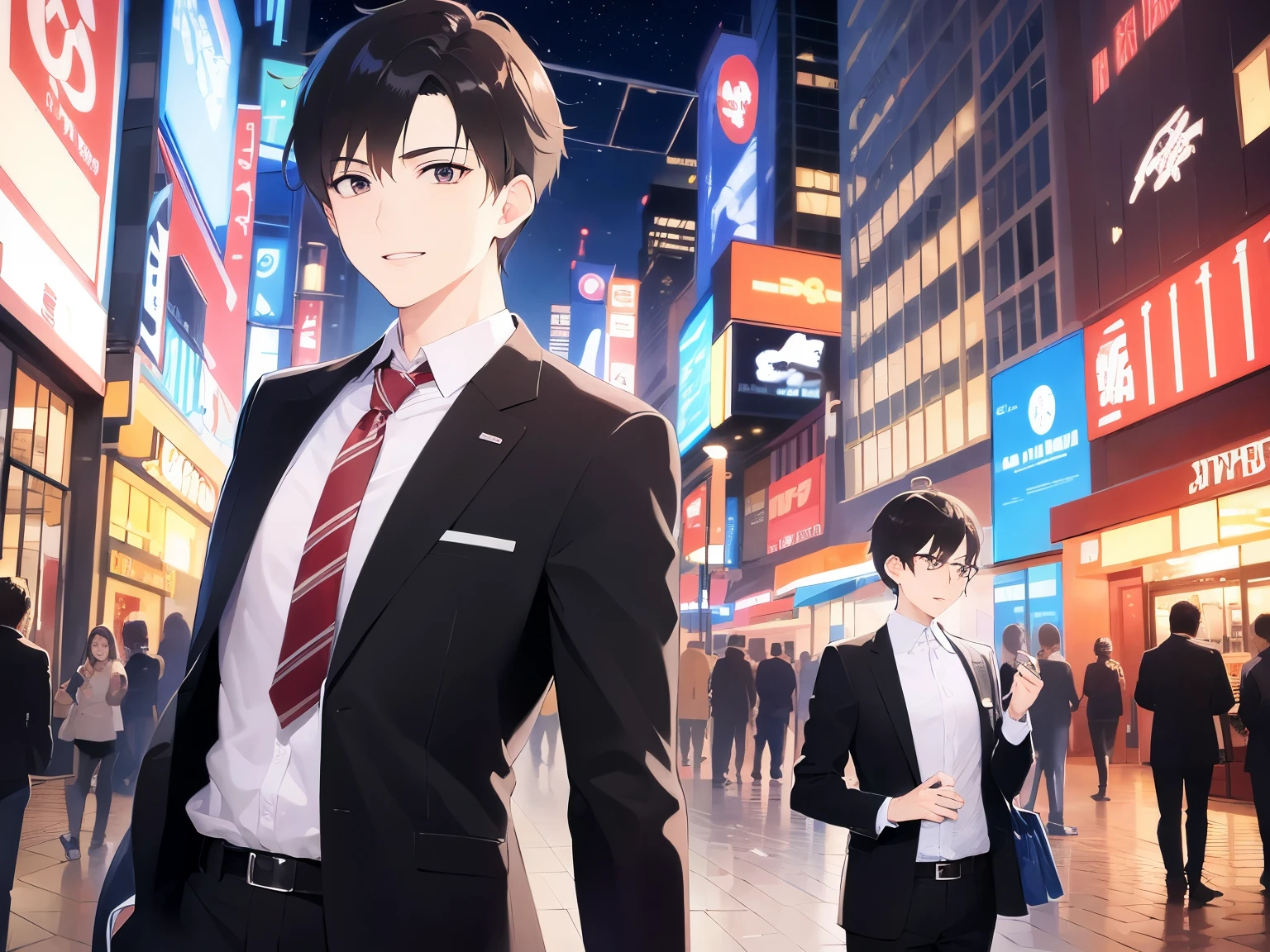 waving hand, masterpiece、highest quality、(25 year old male:1.5) and (brown short hair) and (red eyes), wearing a business suit、Are standing、smile、open mouth, The background is a shopping street at night、(Alone:1.5)、Upper body is shown