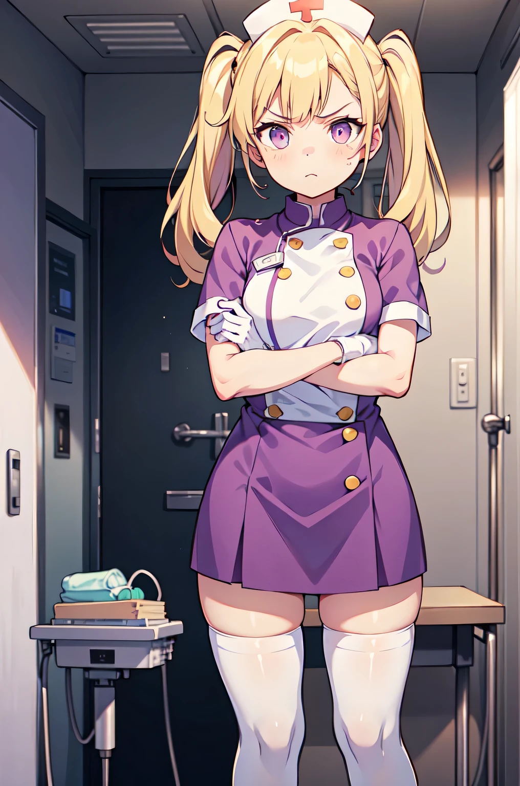 1girl, solo, nurse, nurse cap, white nurse uniform, ((white legwear, zettai ryouiki)), white gloves, twintails, yellow hair, purple eyes, angry, crossed arms, standing, ((hospital room)), sharp outline, short sleeves, best quality, masterpiece