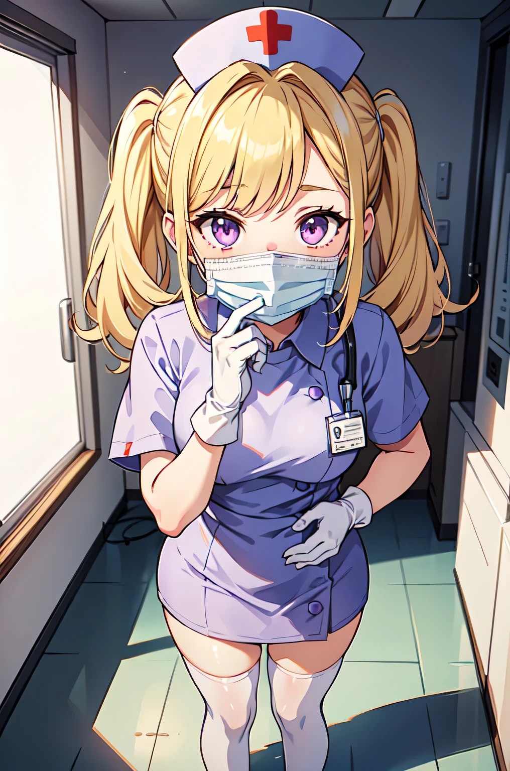 1girl, solo, nurse, nurse cap, white nurse uniform, ((white legwear, zettai ryouiki)), white gloves, twintails, yellow hair, purple eyes, ((white surgical mask, covered nose)), standing, ((hospital room)), sharp outline, short sleeves, best quality, masterpiece