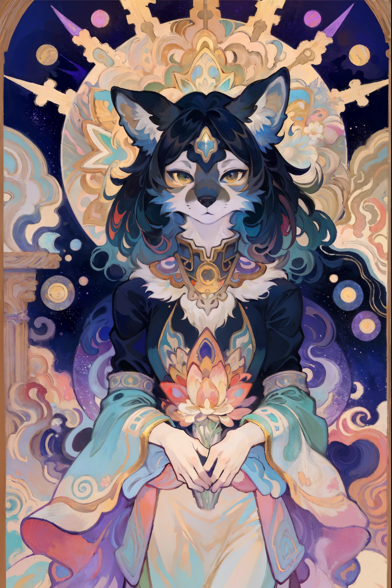 cover page, Perfume poster, kaleidoscope, rzminjourney, vector-art, High-quality illustrations by Alfons Mucha, masterpiece(kemono, furry anthro)logo mark, round, colorful flower,