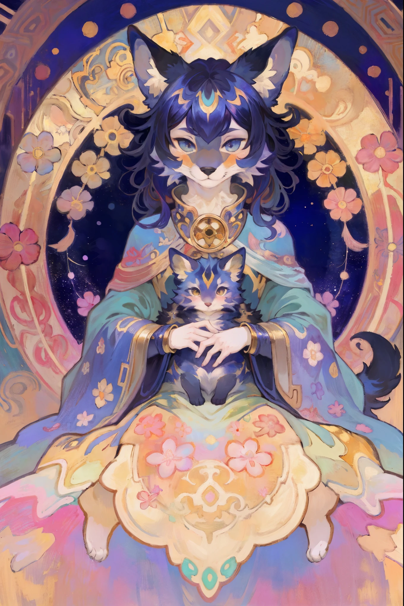 cover page, Perfume poster, kaleidoscope, rzminjourney, vector-art, High-quality illustrations by Alfons Mucha, masterpiece(kemono, furry anthro)logo mark, round, colorful flower,