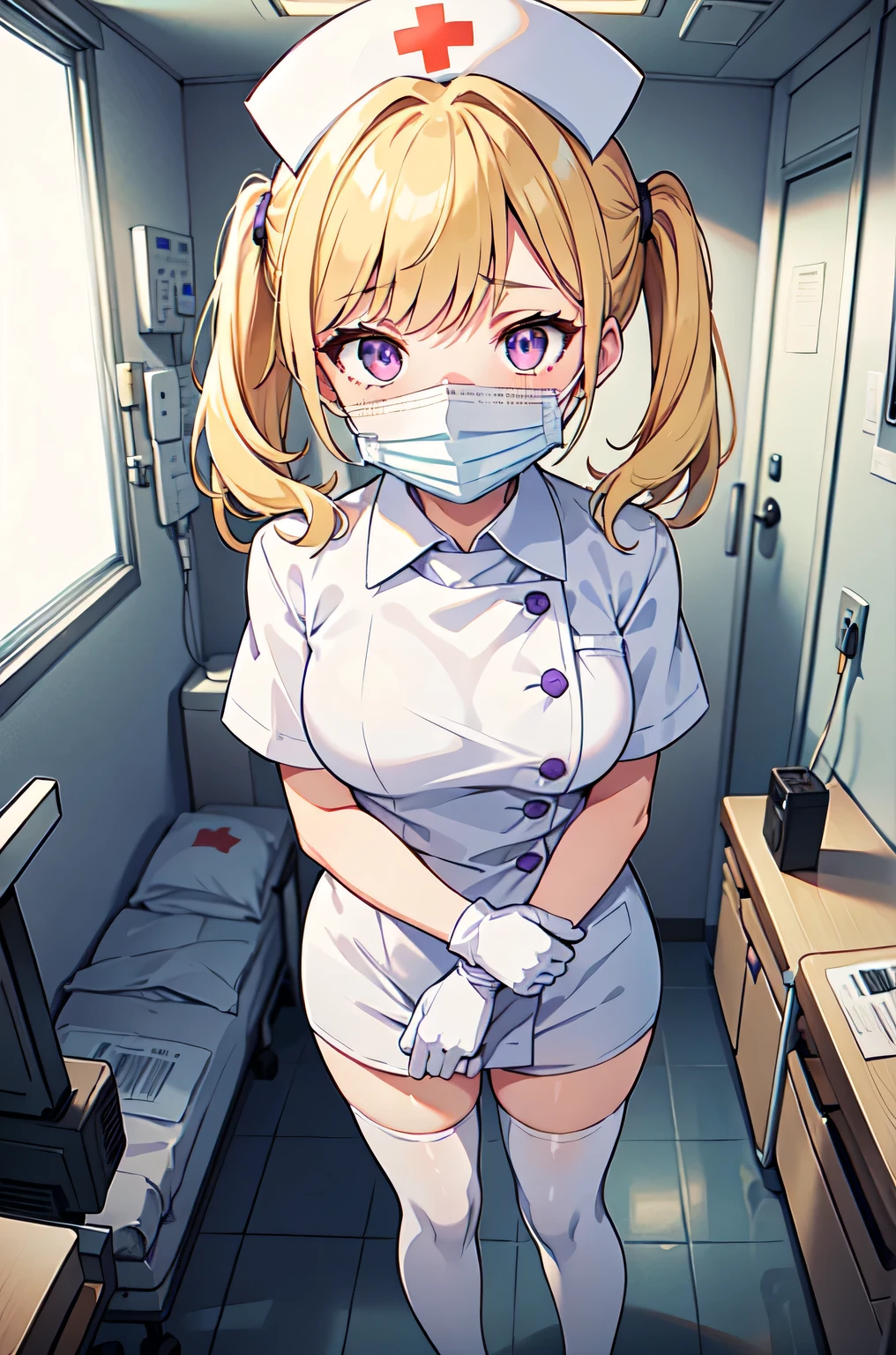 1girl, solo, nurse, nurse cap, white nurse uniform, ((white legwear, zettai ryouiki)), white gloves, twintails, yellow hair, purple eyes, ((white surgical mask, covered nose)), standing, ((hospital room)), sharp outline, short sleeves, best quality, masterpiece