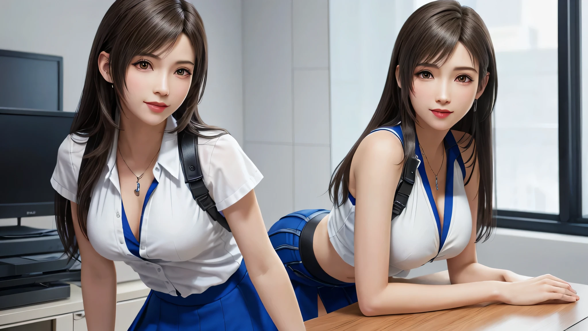 (highest quality, table top: 1.1), (realistic: 1.3), break (((FF7,Tifa_lock heart))),(alone,Tifa:1.2),(Japanese ,office lady:1.2,Blue Vest:1.3,blue suit:1.3,Blue Pencil Mini Skirt:1.3, white shirt:1.3, silk scarf, black pantyhose:1.3,standing behind the reception counter) ,(office, indoor),super detailed face, fine eyes,red eyes, break (((FF7,Tifa_lock heart))),(light brown hair, big breasts: 1.2), break (small and beautiful hard nipples)  Around 18 years old,cute,smile,zettai_ryouiki:1.1,perfect body,(lie:1.3)