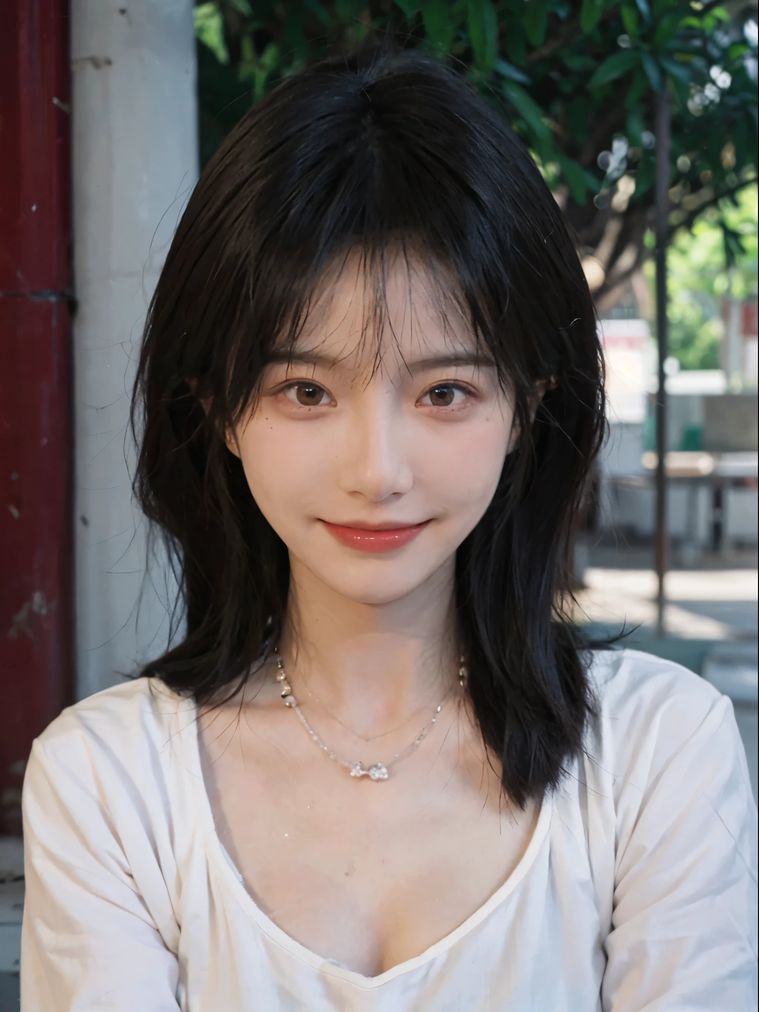 best quality, ultra high resolution, (realistically:1.4),cute hairpin,Baoyu Girl,European style apartment,(flat chest:1.2) ,A pair of clear and charming peach blossom eyes,Royal sister,The sun shines on the face,Big wavy hairstyle,(necklace:1.2),(White skin:1.4),a sense of atmosphere,a beautiful girl, Smile,looking directly at the viewer, Close-up cleavage ,(lifelike:1.4),1 girl,Sexy,(Upper body:1.4),(wet),(:1.2)