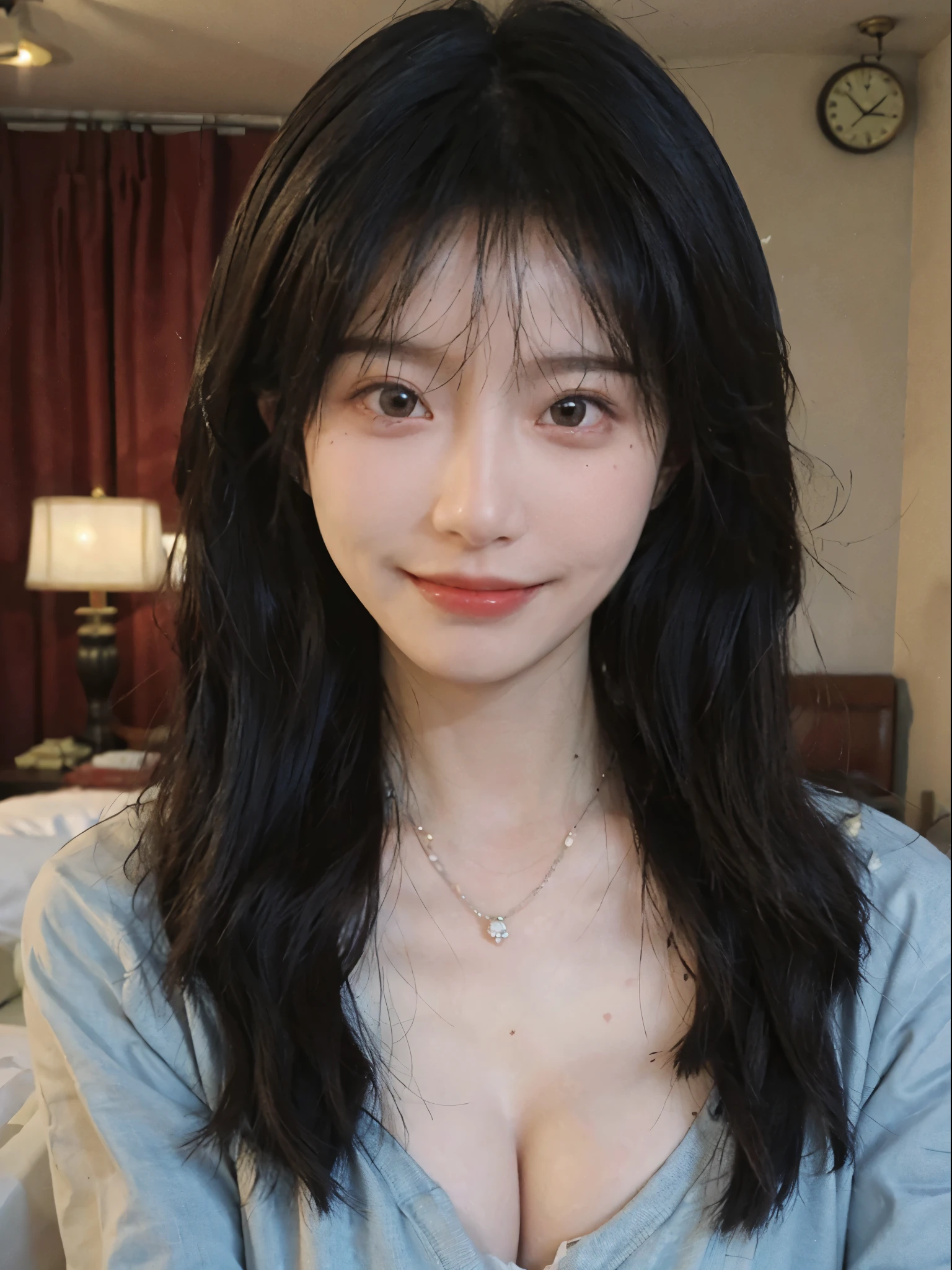 best quality, ultra high resolution, (realistically:1.4),cute hairpin,Baoyu Girl,European style apartment,(flat chest:1.2) ,A pair of clear and charming peach blossom eyes,Royal sister,The sun shines on the face,Big wavy hairstyle,(necklace:1.2),(White skin:1.4),a sense of atmosphere,a beautiful girl, Smile,looking directly at the viewer, Close-up cleavage ,(lifelike:1.4),1 girl,Sexy,(Upper body:1.4),(wet),(:1.2)