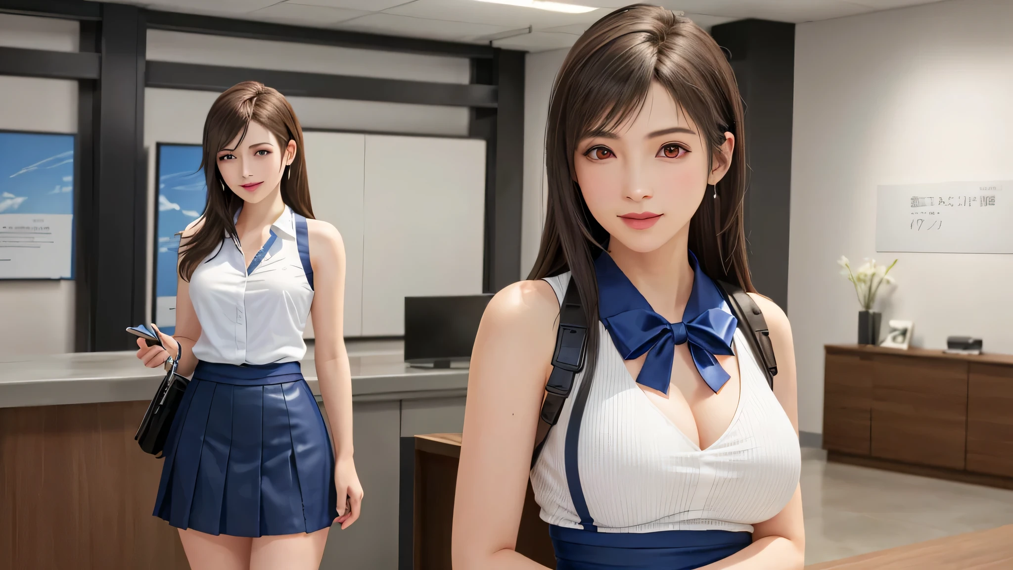 (highest quality, table top: 1.1), (realistic: 1.3), break (((FF7,Tifa_lock heart))),(alone,Tifa:1.2),(Japanese ,office lady:1.2,Blue Vest:1.3,blue suit:1.3,Blue Pencil Mini Skirt:1.3, white shirt:1.3, silk scarf, black pantyhose:1.3,standing behind the reception counter) ,(office, indoor),super detailed face, fine eyes,red eyes, break (((FF7,Tifa_lock heart))),(light brown hair, big breasts: 1.2), break (small and beautiful hard nipples)  Around 18 years old,cute,smile,zettai_ryouiki:1.1,perfect body,(lie:1.3)