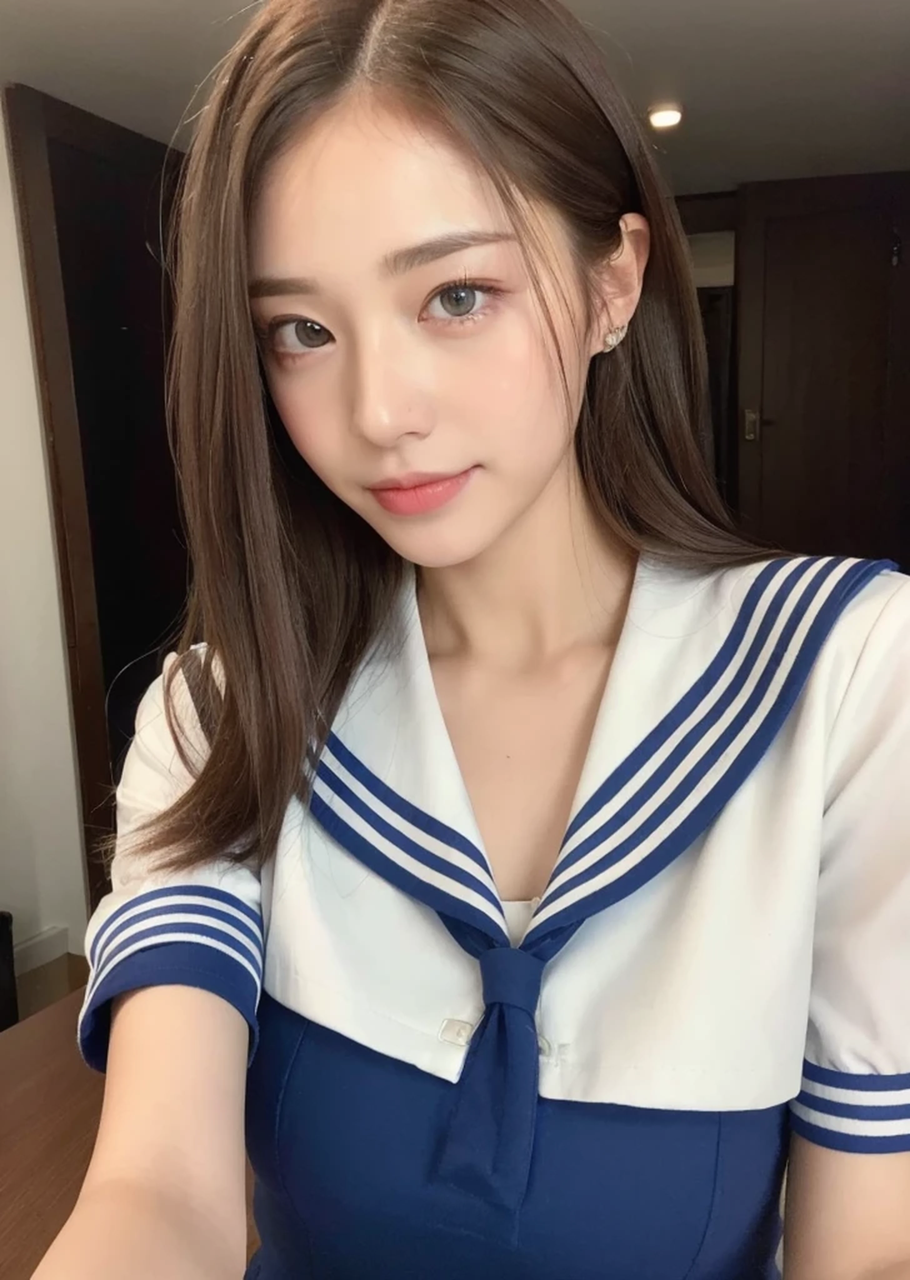 ((highest quality, 8K, masterpiece: 1.3)), 1 girl, The beauty of slim abs: 1.3, (hairstyle casual, big breasts: 1.2), dress: 1.1, super fine face, delicate eyes, double eyelid, smile, Home、sailor suit