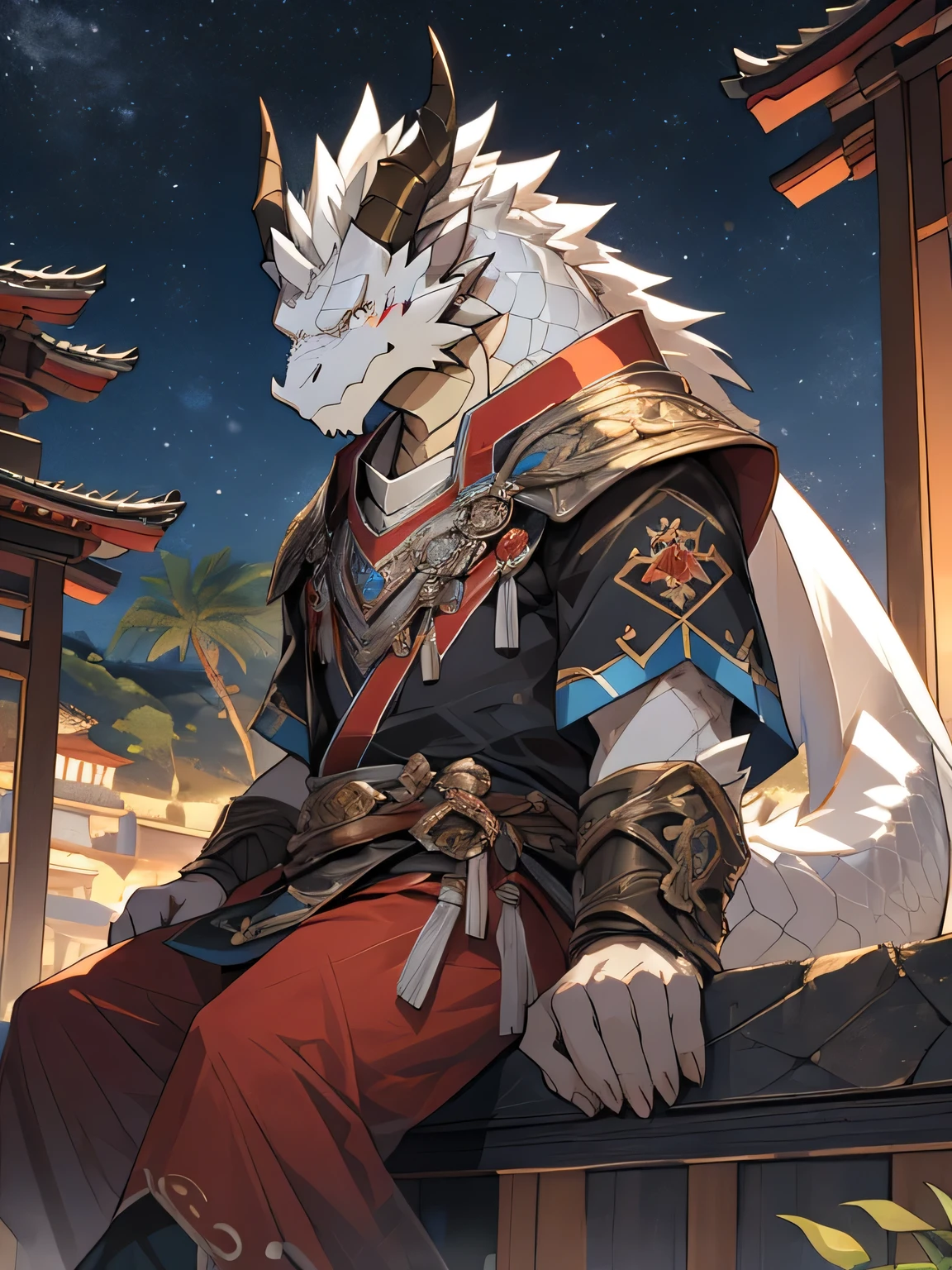 White Dragon Man:1.3, alone, vertical pupil,Eye, (elongated), Slim, (Eye anthro dragon):1.3, (The body has silvery white scales:1.4), white belly, (beast wild:1.4), There are silver scales all over the body , 细致的Eye, ((portrait)), , (细致的Eye, 蓝Eye, 明亮的Eye):1.1, The art of math, masterpiece, anime style,There is a mane on the neck:1.5,light gray speaker:1.4,There is a blush on the face: 1.5, Shy:1.3,thick eyebrows, (赤红流火General战袍),Holding a long sword,Strong posture,Sitting calmly on the edge of the cliff,(The brightly lit city is in the background.:1.2),heroic posture飒爽,完美的masterpiece,Various facial details,distance perspective,specific description,masterpiece,CG,dark red pattern,General,heroic posture,specific facial details,Half body,(赤红General战履),(Chang Ling),((middle aged)),(Face focus),(16K),HD,temple,(Crimson Ancient Battle Robe),(High resolution:1.3),(Sitting on the edge of the cliff watching thousands of lights)