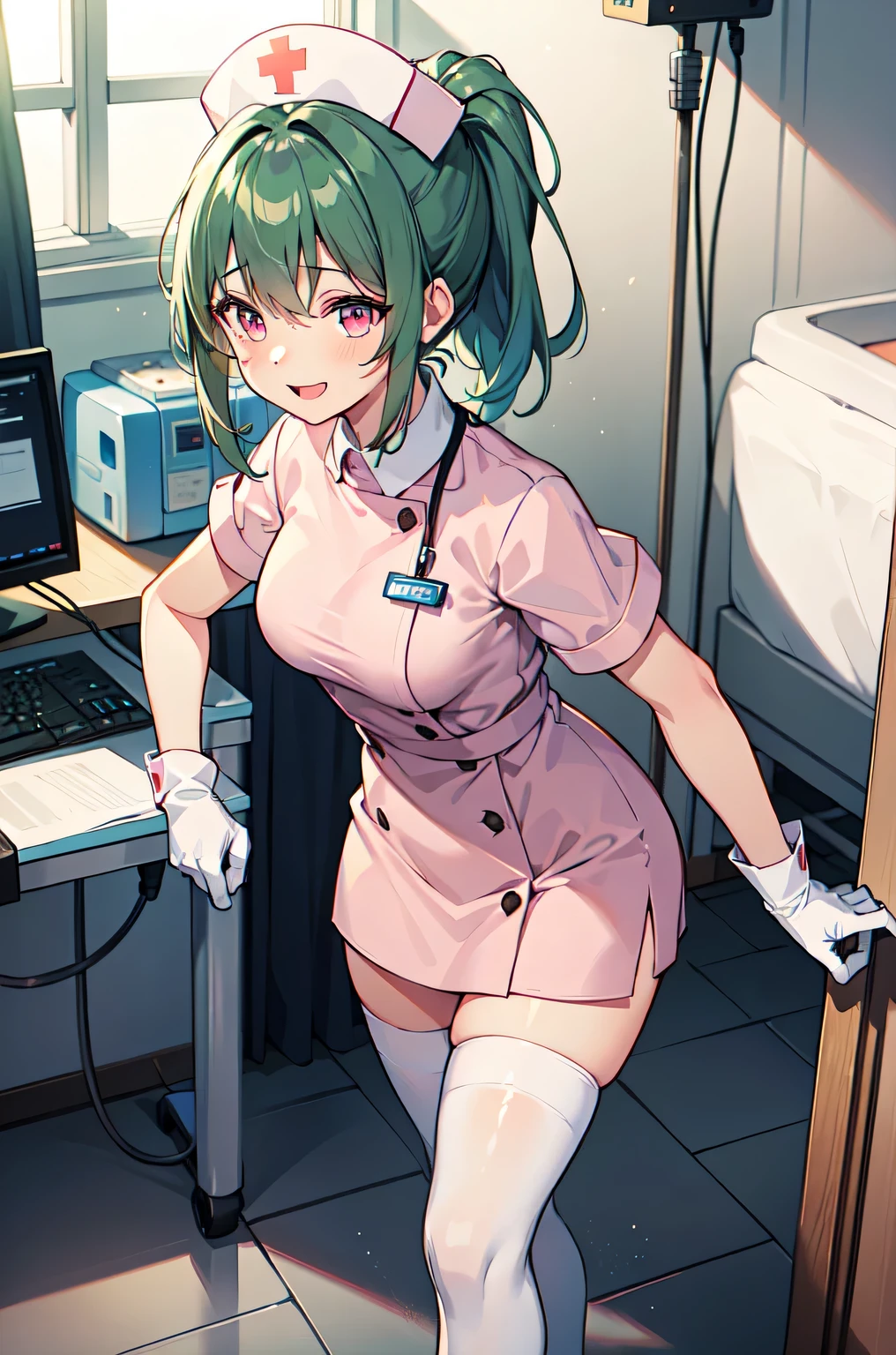 1girl, solo, nurse, nurse cap, white nurse uniform, ((white legwear, zettai ryouiki)), white gloves, ponytail, green hair, pink eyes, smile, standing, ((hospital room)), sharp outline, short sleeves, best quality, masterpiece