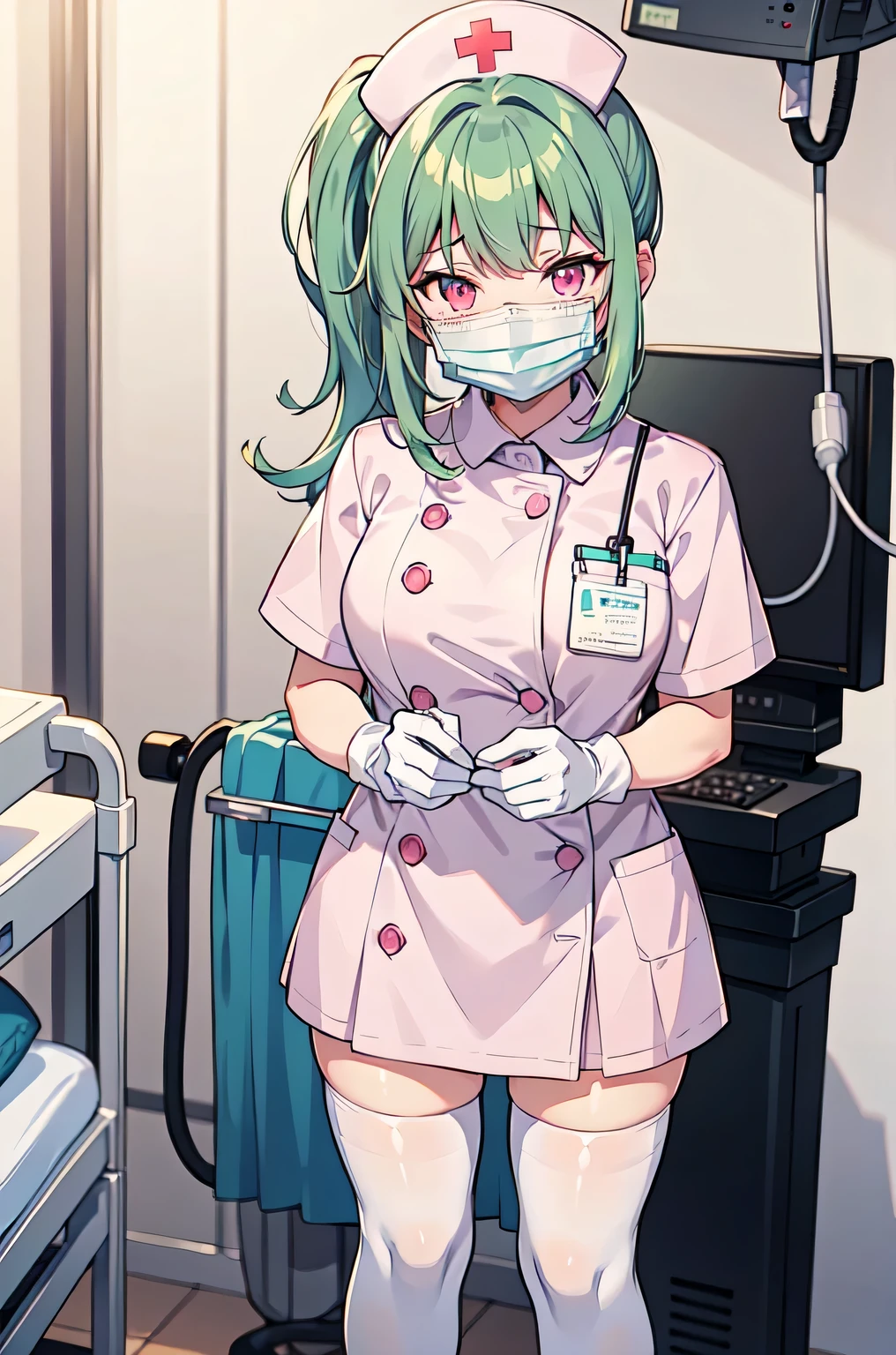 1girl, solo, nurse, nurse cap, white nurse uniform, ((white legwear, zettai ryouiki)), white gloves, ponytail, green hair, pink eyes, ((white surgical mask, covered nose)), standing, ((hospital room)), sharp outline, short sleeves, best quality, masterpiece