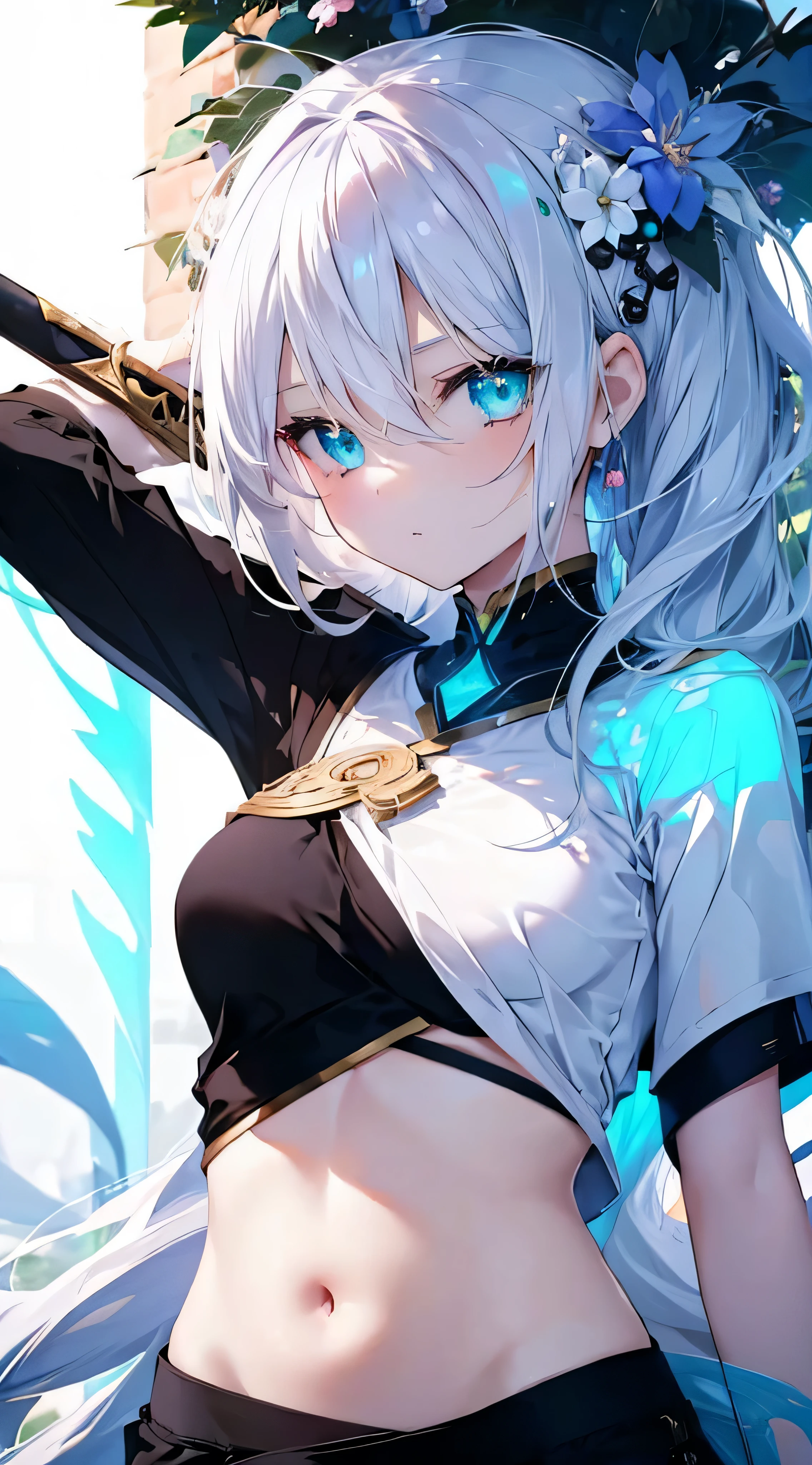 1girl, ( young girl, cute girl), slim body.medium , white hair.detailed beautiful eyes. Glowing eye. aqua eyes, long hair, bangs, black flower hair ornament, white T - shirt, holding sword, top body