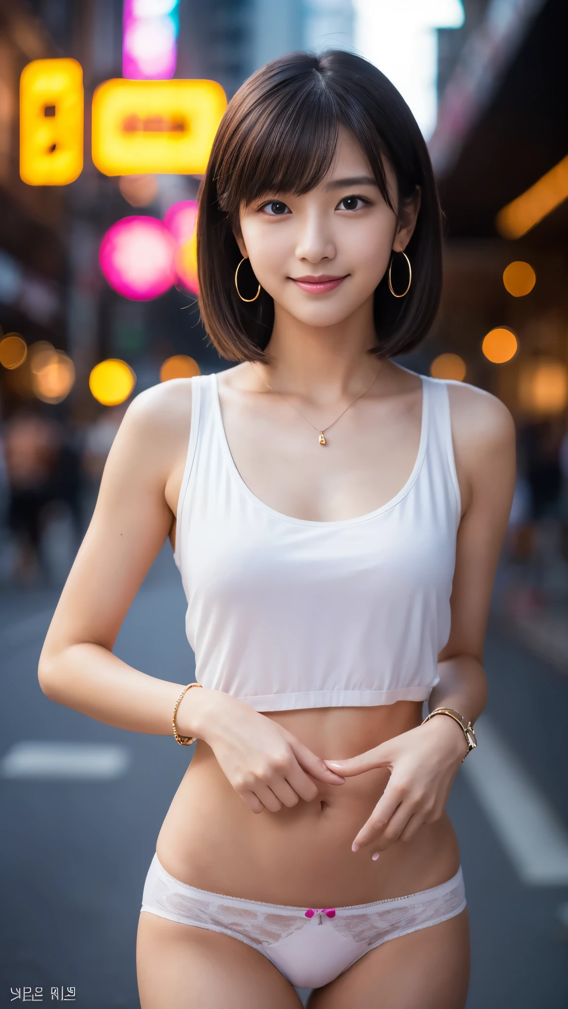 8K, masterpiece, Raw photo, highest quality, realistic, Highly detailed CG Unity 8K wallpaper, Depth of written boundary, cinematic light, Lens flare, ray tracing, (very beautiful face, beautiful lips, beautiful eyes), face with intricate details, ((super dense skin)) 1 girl, in the dark, deep shadow, cute korean girl, K-POPアイドル, 1 girl, (very slim slender fit-muscled body:1.3), ((looking at the viewer)),(大きなsmile:1.3), (Tight Race Blouse), (hot pink blouse), (sleeveless) , (fashion city night, dark night, (neon sign), (blurred background), fashion street night),(with no people in the background:1.3), beautiful earrings, bracelet, necklace, clear eyes, (white skin), (Big eyes), I&#39;looking forward to it, ((upper body shot)), ((white panties)),(brown hair), (looking at the viewer:1.3) open chest, very slim, , return, buckshot,smile , (((lower body panties.)))、(((The lower body is in underwear))),stand up straight、upper body photo、short cut hairstyle、smile